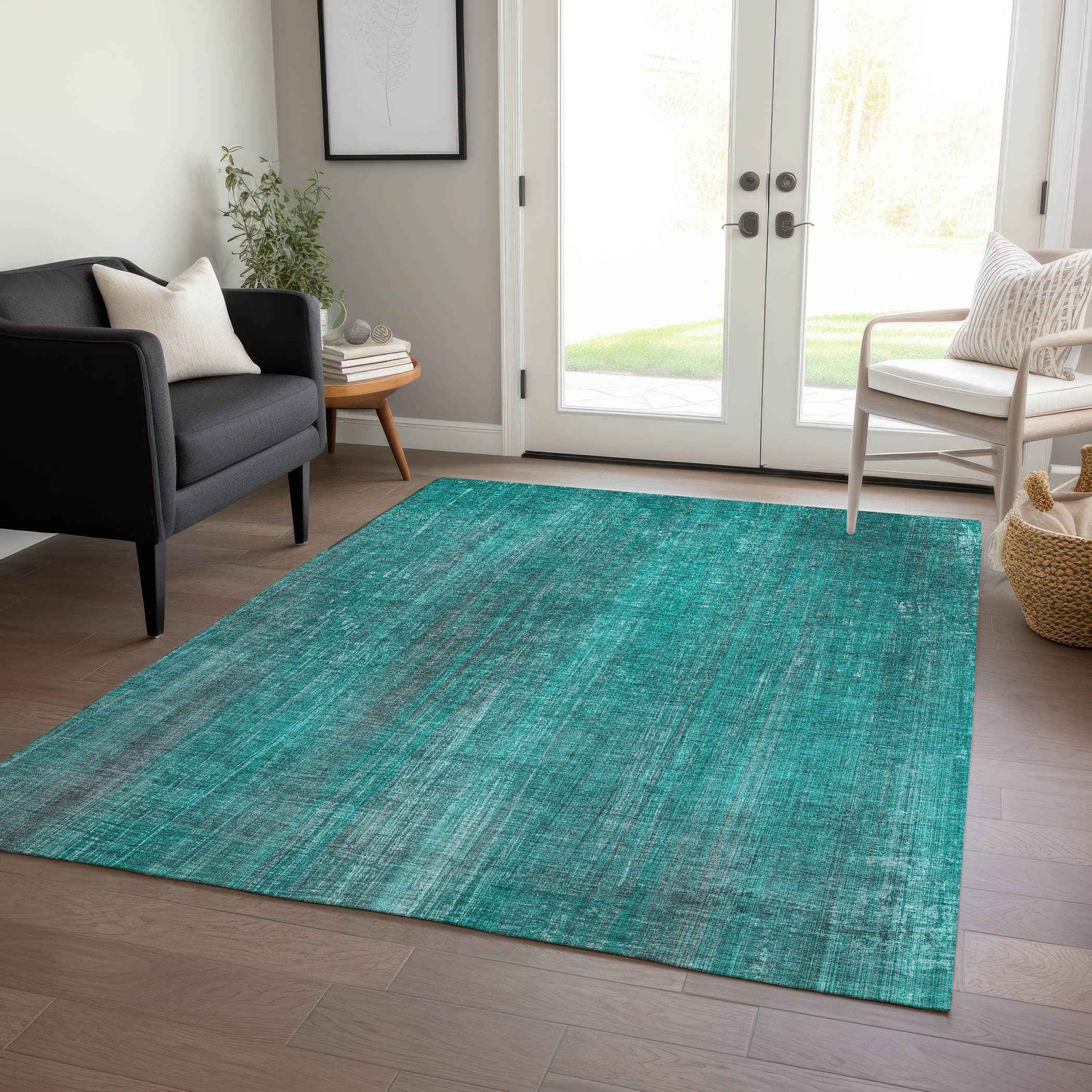 5' X 8' Teal Striped Washable Non Skid Indoor Outdoor Area Rug