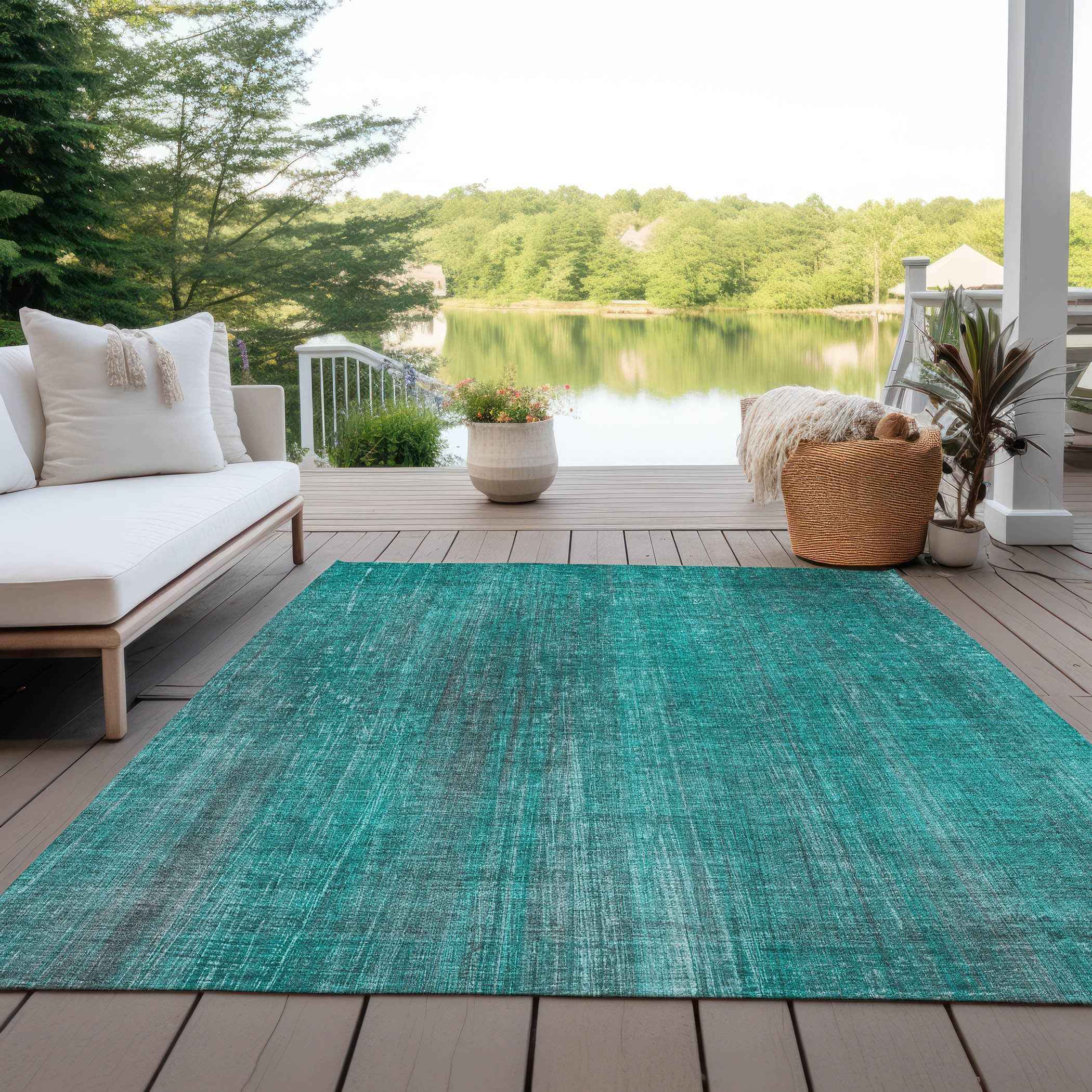 5' X 8' Teal Striped Washable Non Skid Indoor Outdoor Area Rug