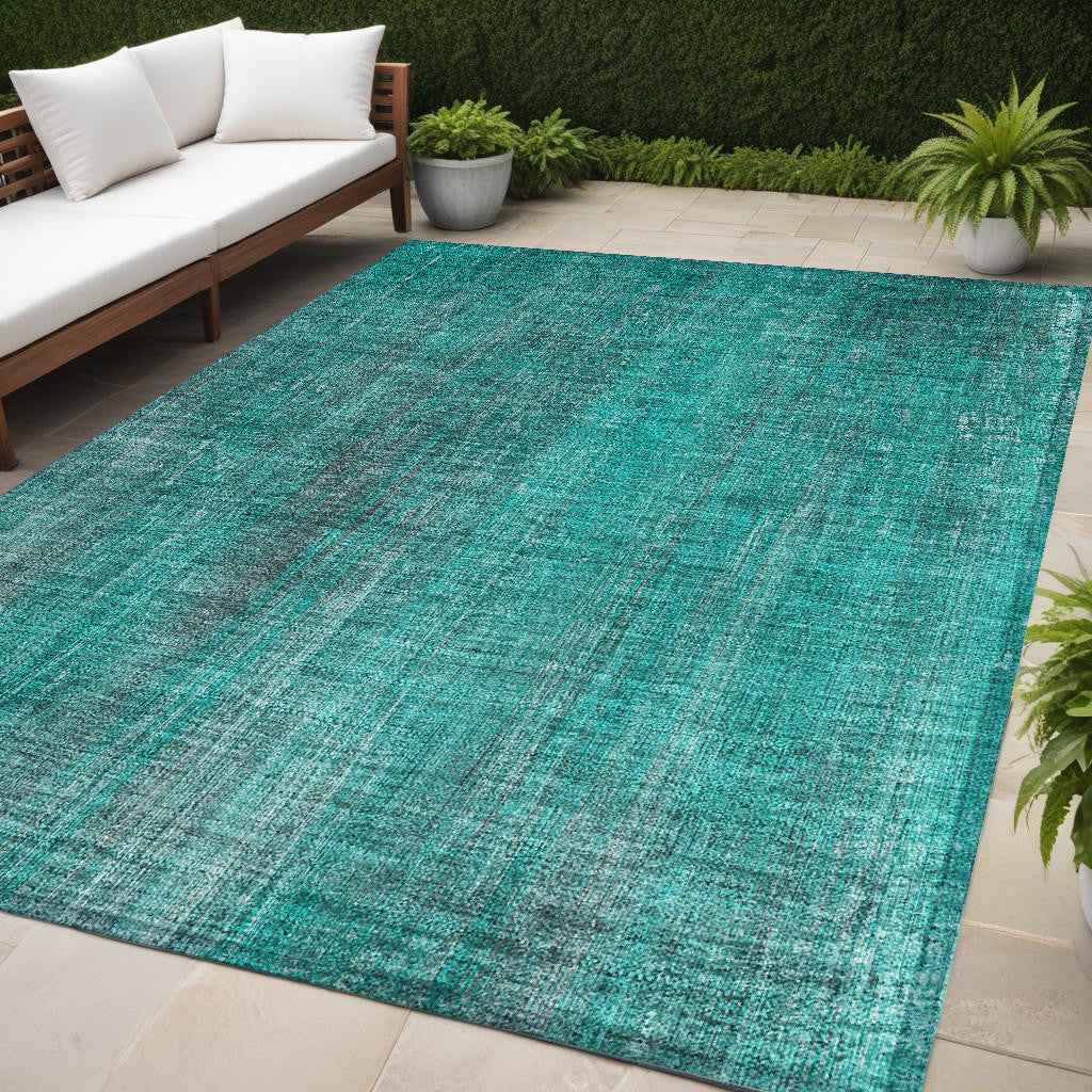 5' X 8' Teal Striped Washable Non Skid Indoor Outdoor Area Rug