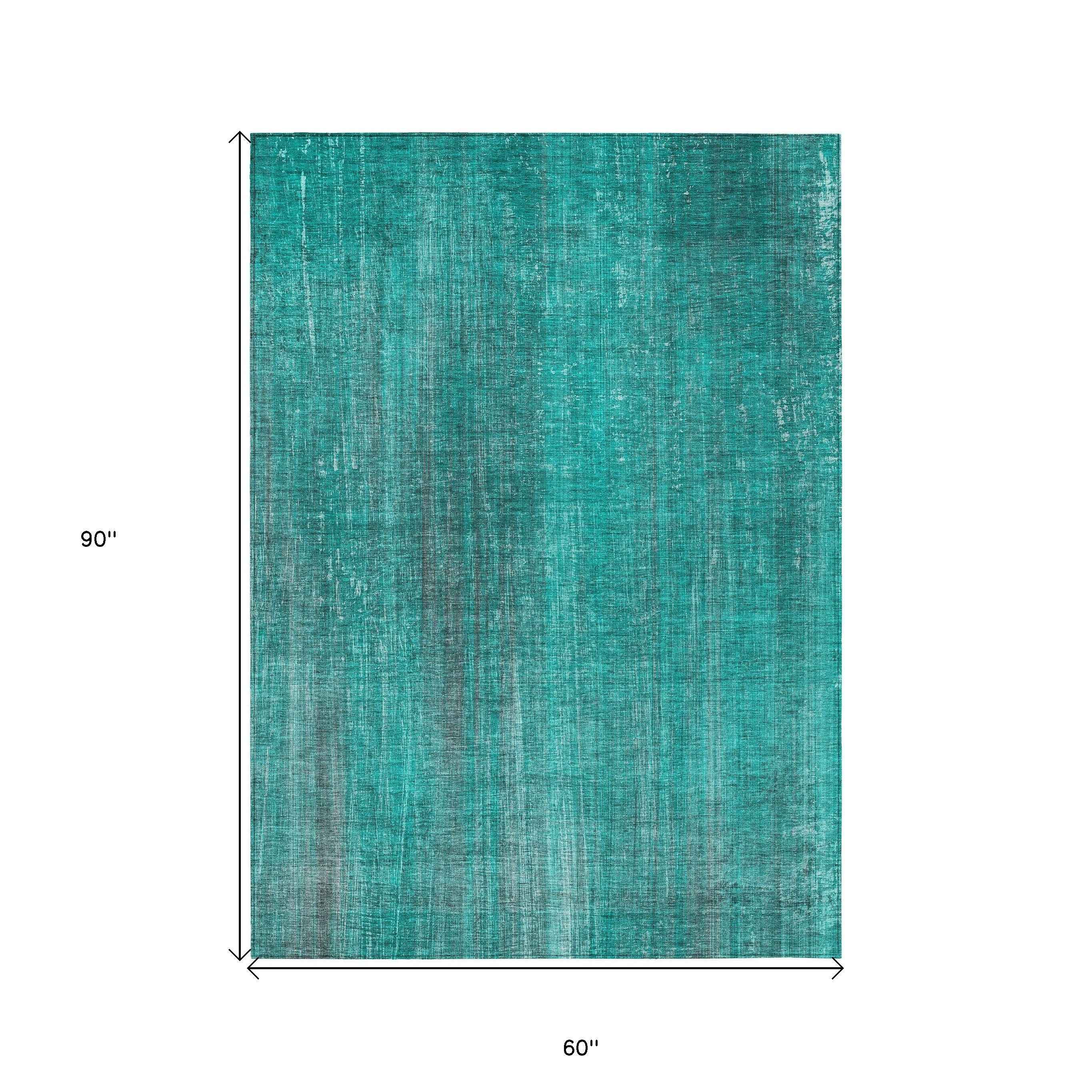 5' X 8' Teal Striped Washable Non Skid Indoor Outdoor Area Rug