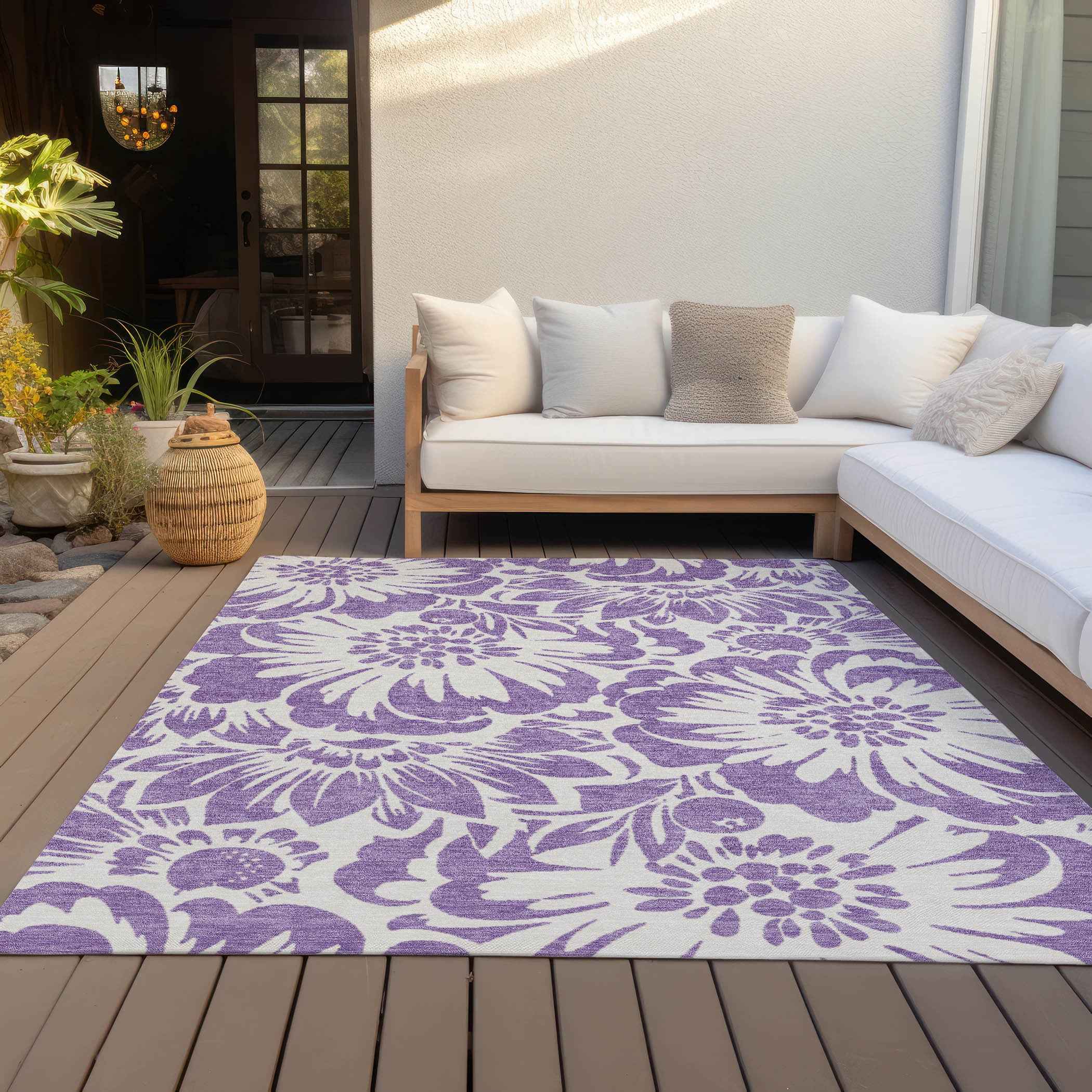 5' X 8' Purple and Ivory Floral Washable Non Skid Indoor Outdoor Area Rug