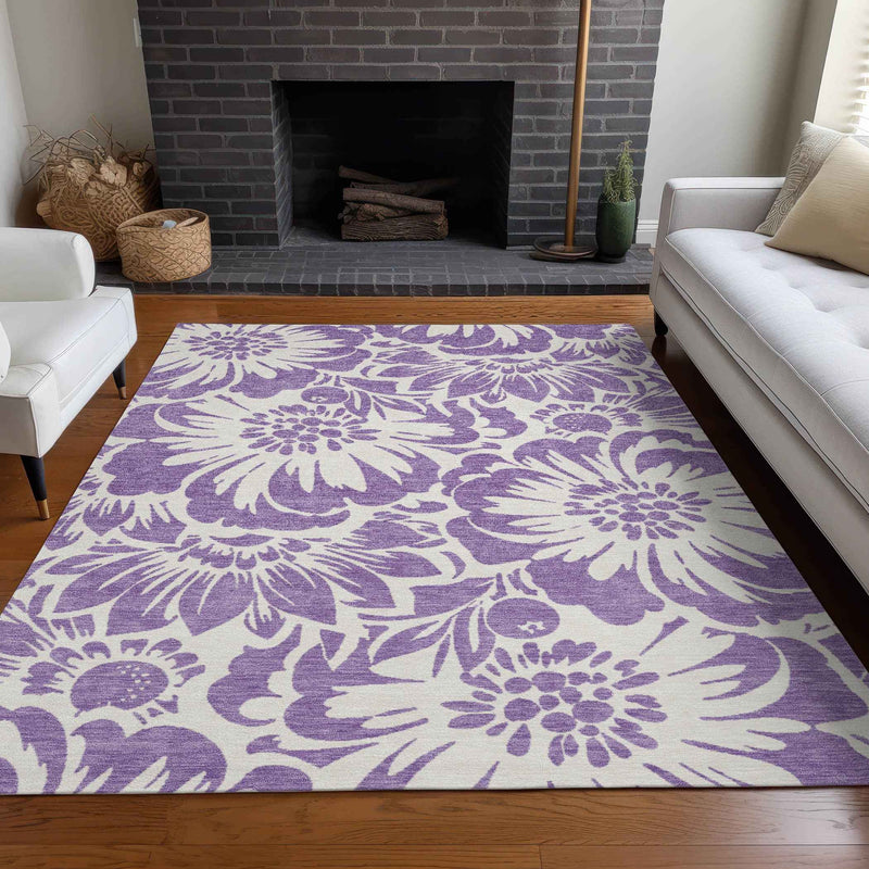 5' X 8' Purple and Ivory Floral Washable Non Skid Indoor Outdoor Area Rug