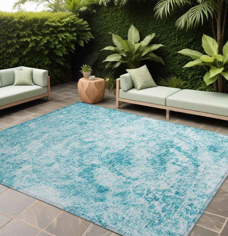 8' X 10' Teal Abstract Washable Non Skid Indoor Outdoor Area Rug