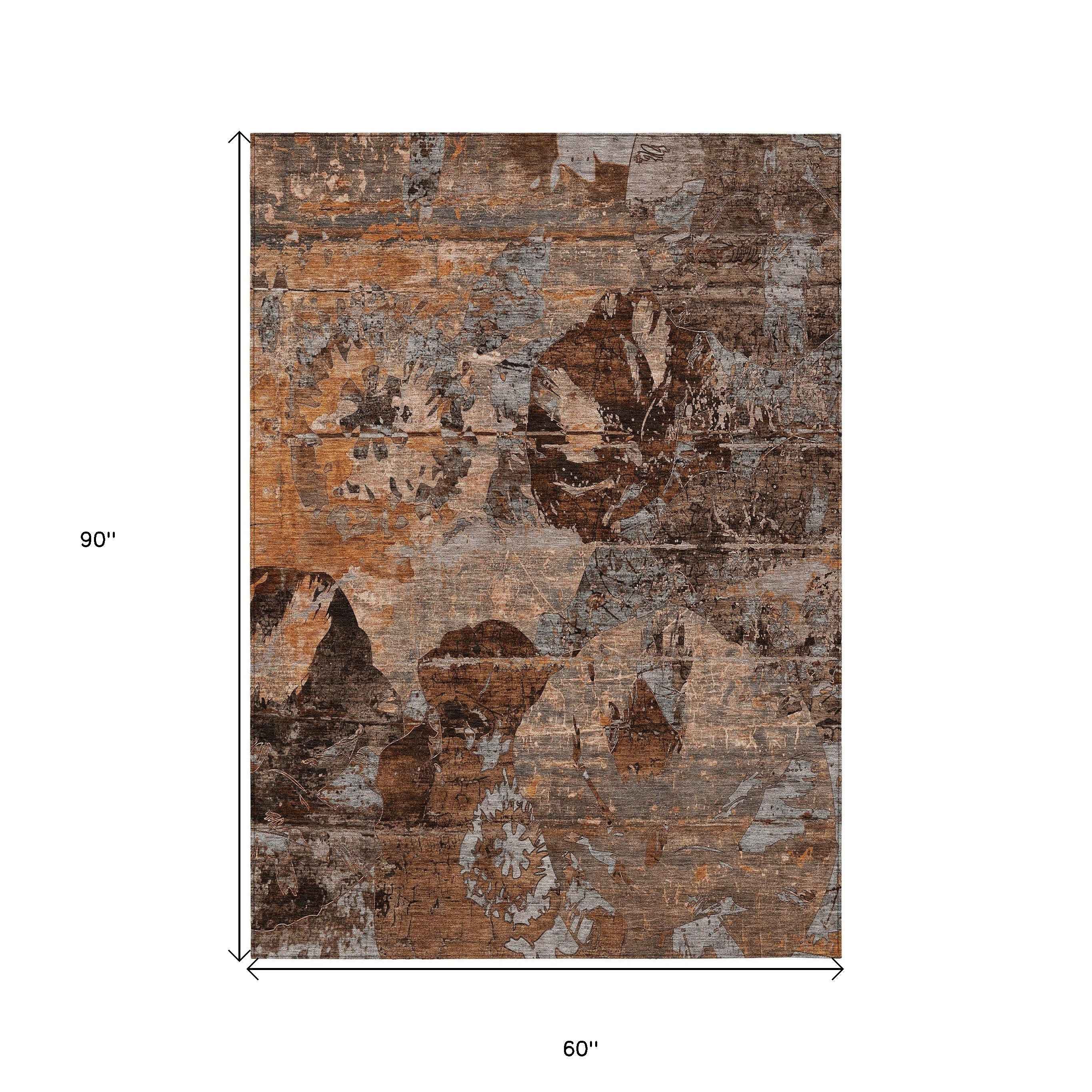 5' X 8' Brown Terracotta and Gray Floral Washable Non Skid Indoor Outdoor Area Rug