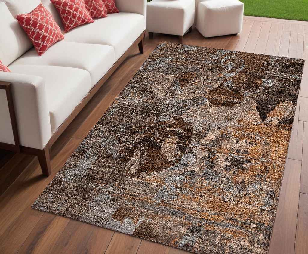5' X 8' Brown Terracotta and Gray Floral Washable Non Skid Indoor Outdoor Area Rug