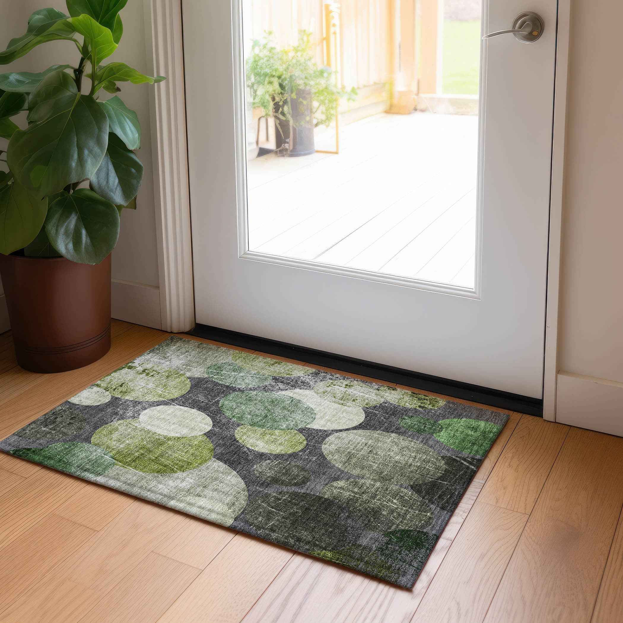2' X 3' Green and Gray Abstract Washable Non Skid Indoor Outdoor Area Rug