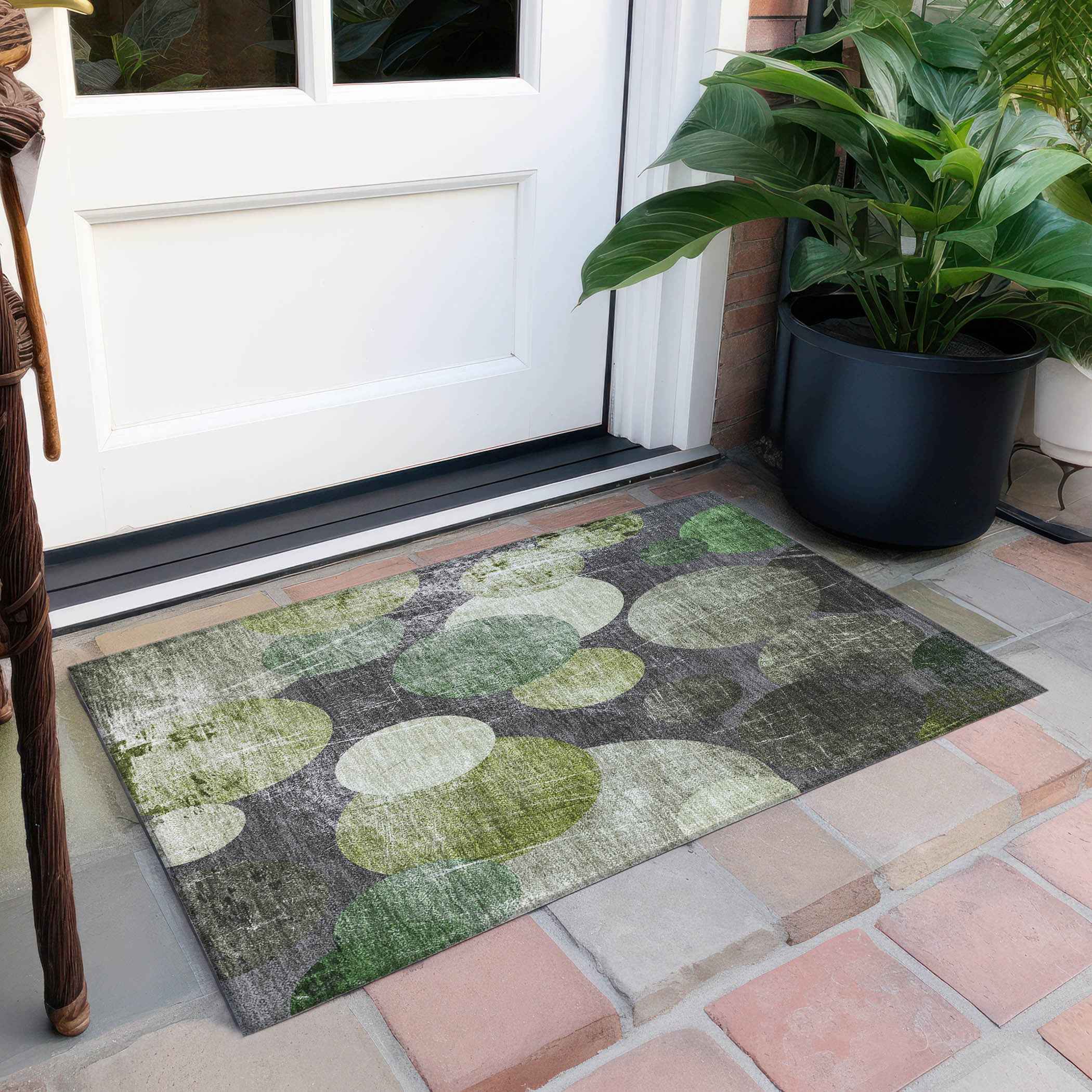 2' X 3' Green and Gray Abstract Washable Non Skid Indoor Outdoor Area Rug