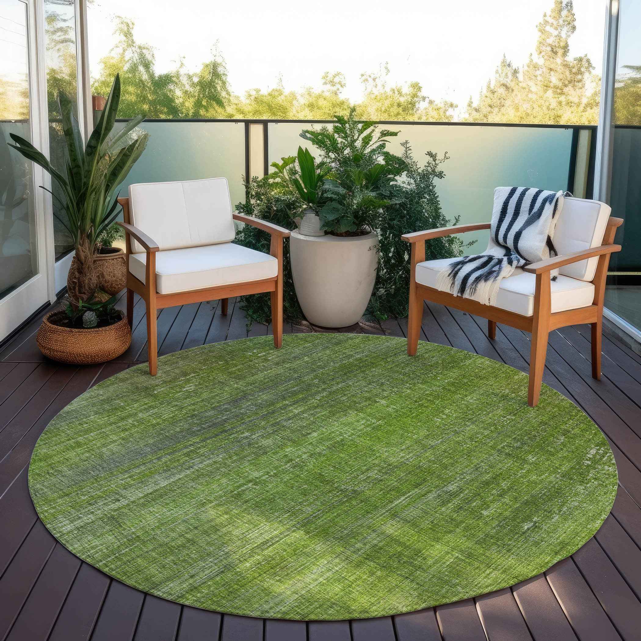 8' Round Green Round Striped Washable Non Skid Indoor Outdoor Area Rug