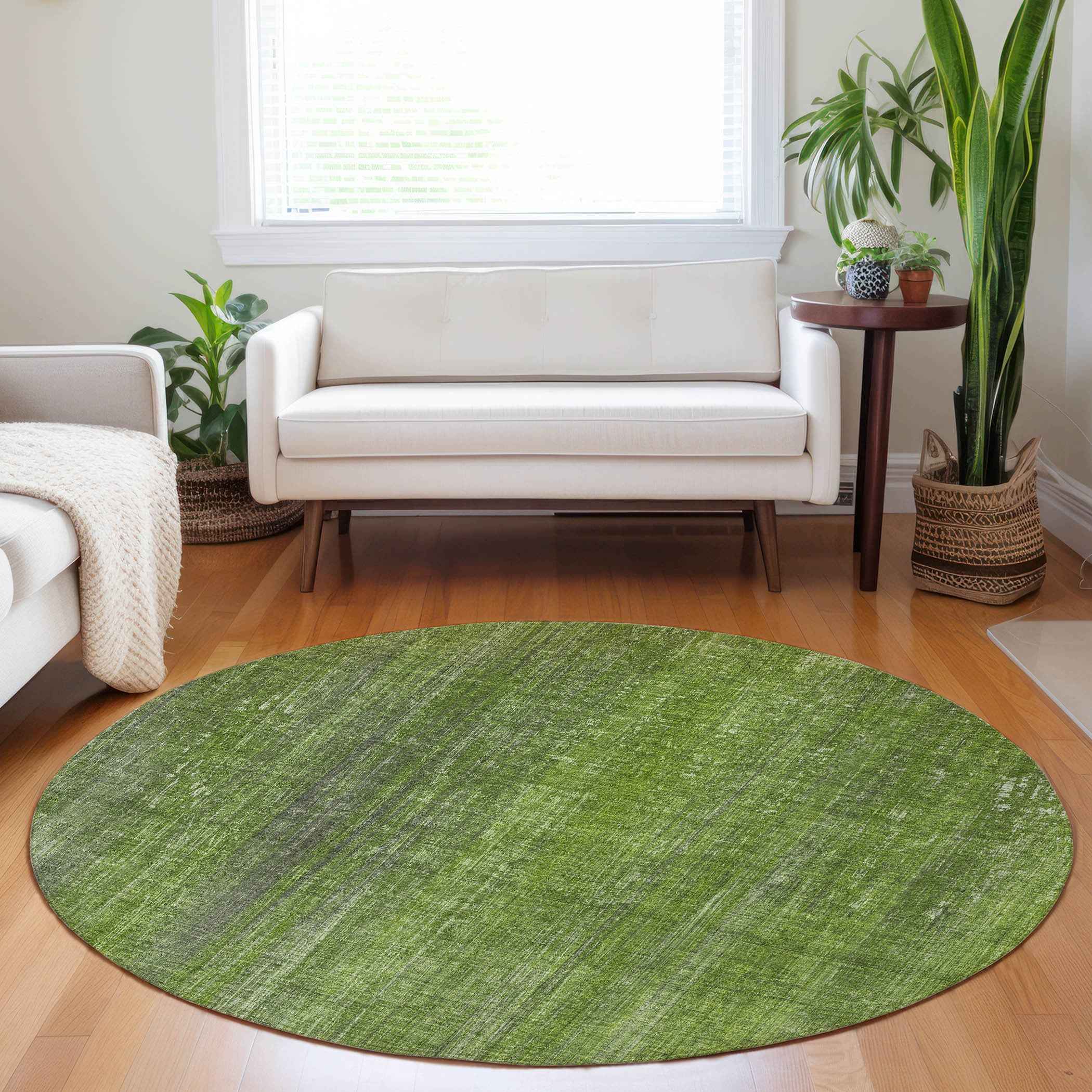8' Round Green Round Striped Washable Non Skid Indoor Outdoor Area Rug