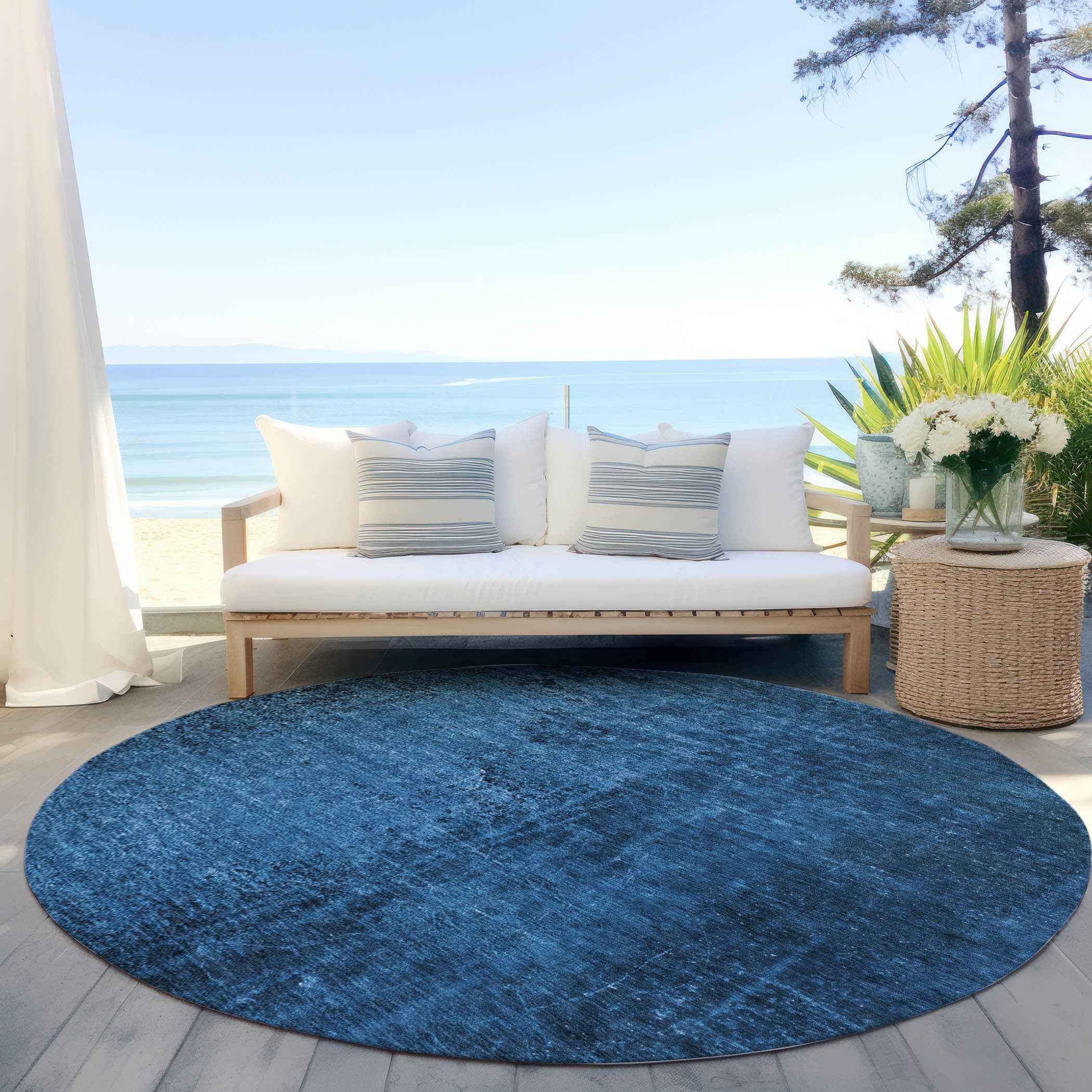 8' Round Navy Blue Round Abstract Washable Non Skid Indoor Outdoor Area Rug
