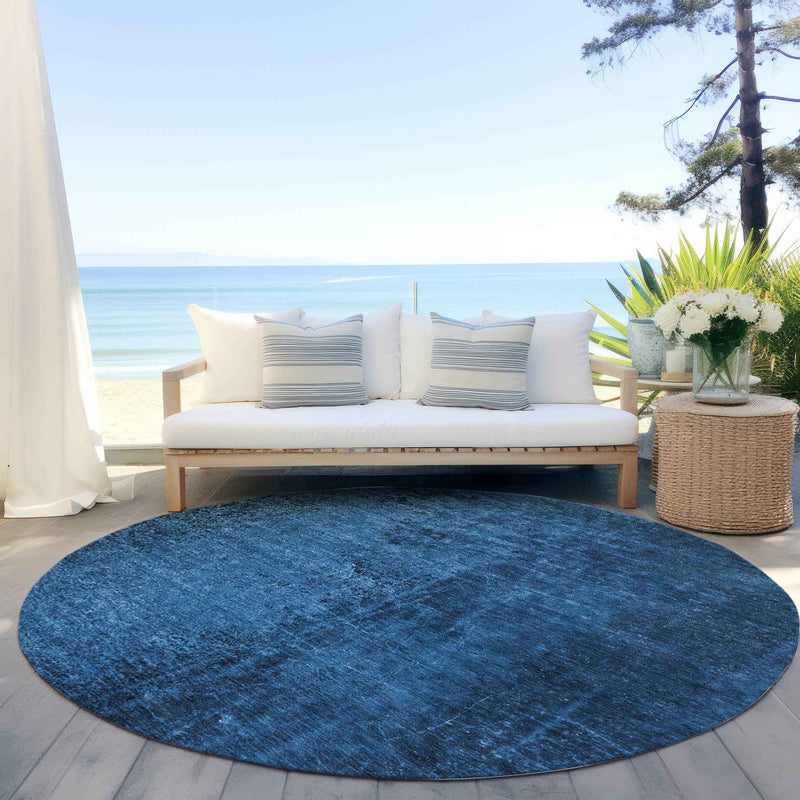 8' Round Navy Blue Round Abstract Washable Non Skid Indoor Outdoor Area Rug