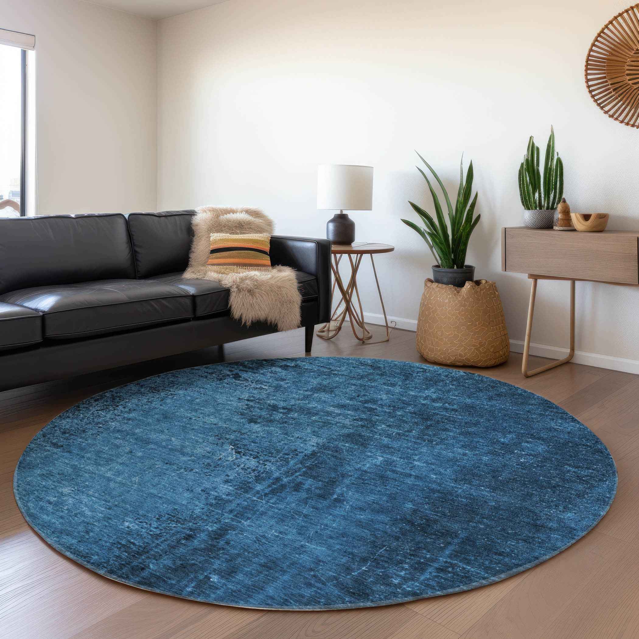 8' Round Navy Blue Round Abstract Washable Non Skid Indoor Outdoor Area Rug
