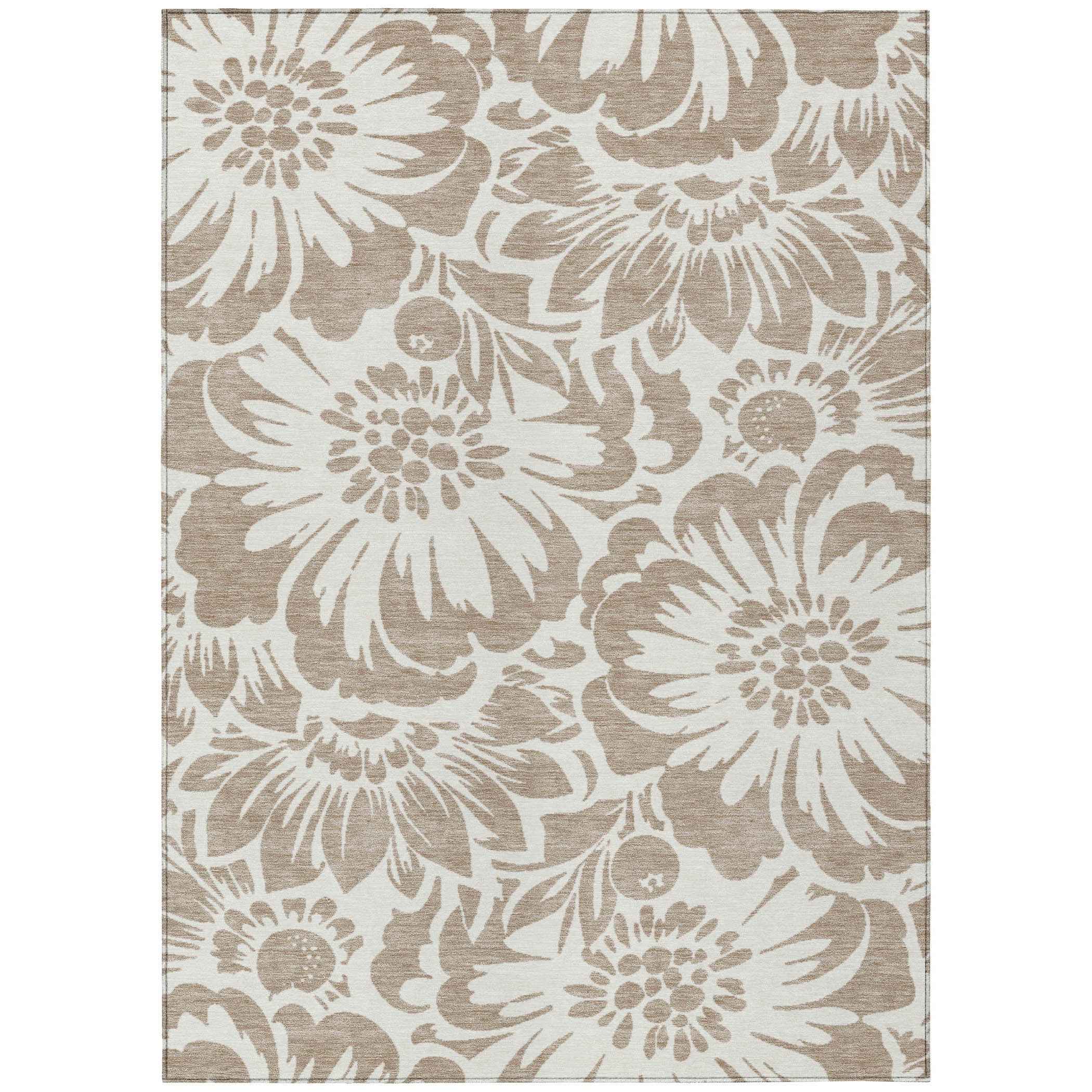 9' X 12' Taupe and Ivory Floral Washable Non Skid Indoor Outdoor Area Rug
