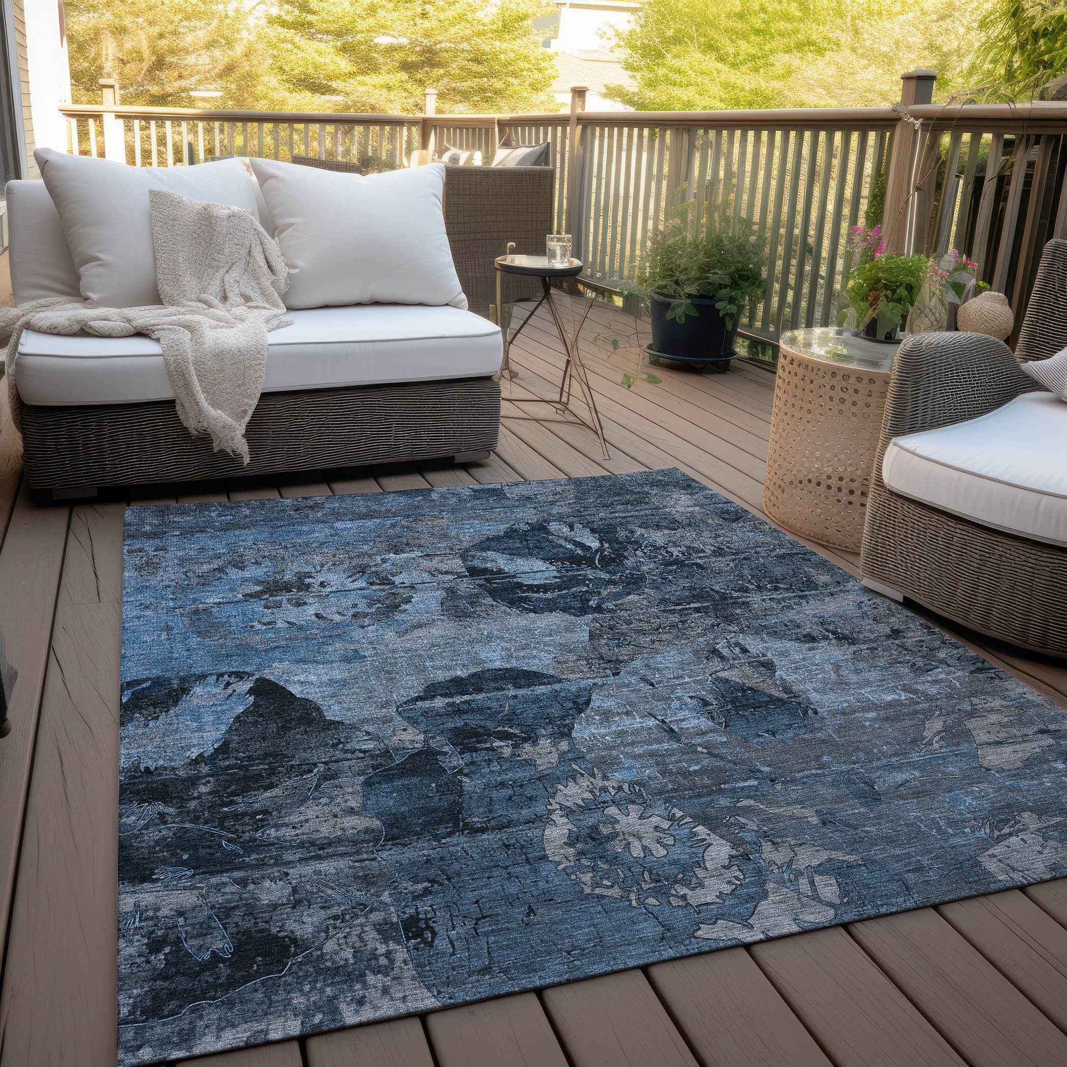 8' X 10' Blue and Dark Blue Floral Washable Non Skid Indoor Outdoor Area Rug