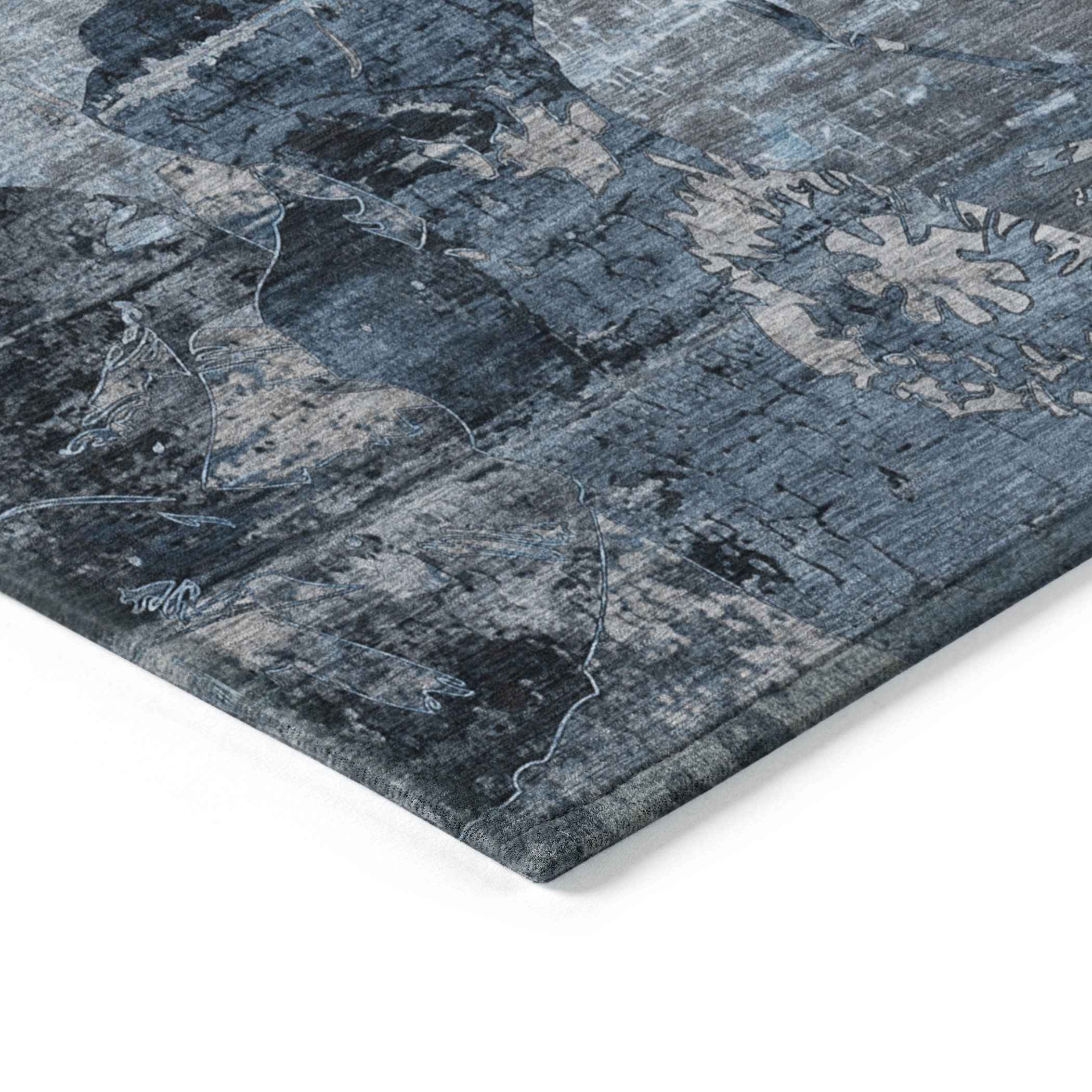 8' X 10' Blue and Dark Blue Floral Washable Non Skid Indoor Outdoor Area Rug