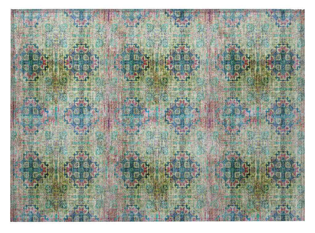 2' X 3' Blue and Green Floral Medallion Washable Non Skid Indoor Outdoor Area Rug