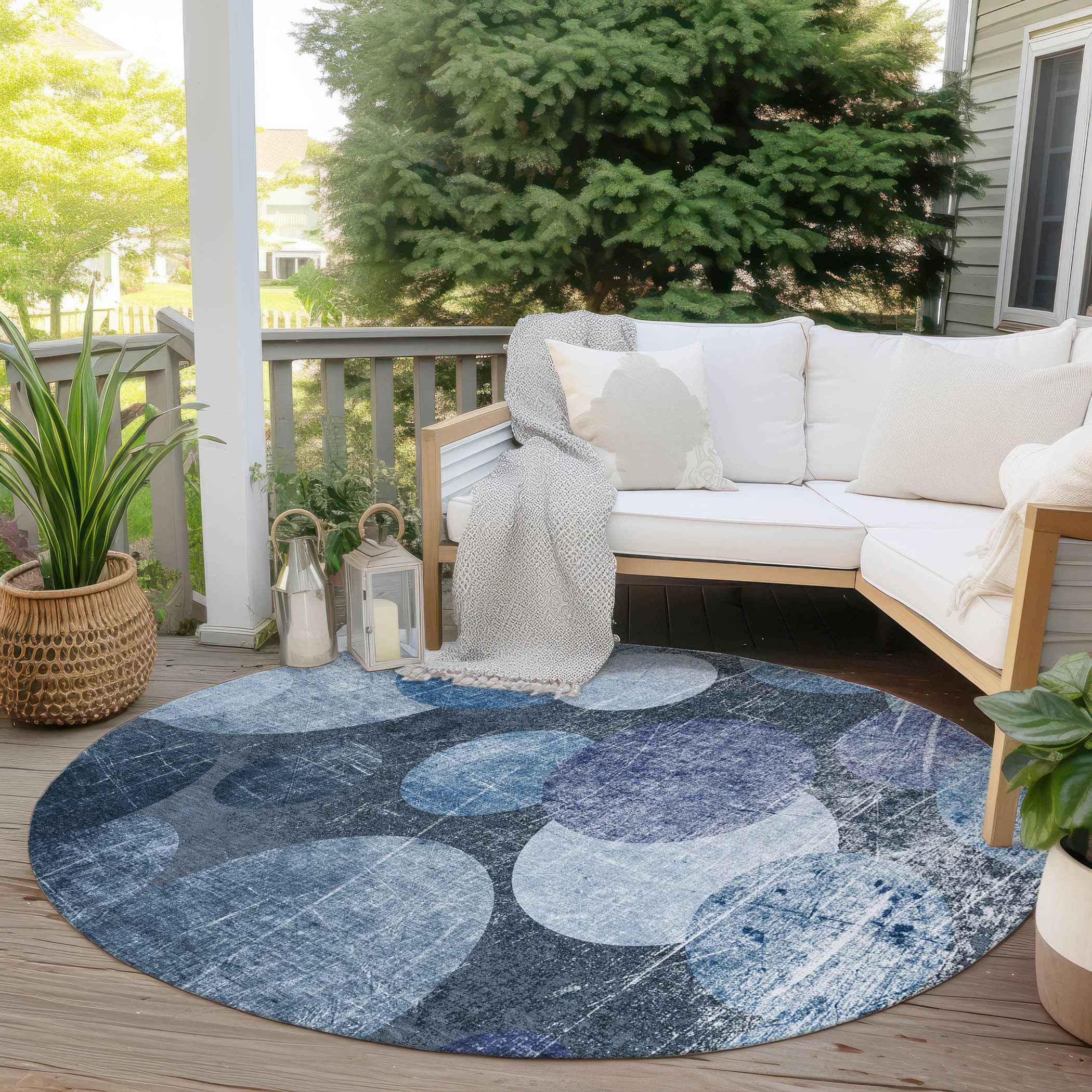 8' X 8' Gray and Blue Round Abstract Washable Non Skid Indoor Outdoor Area Rug
