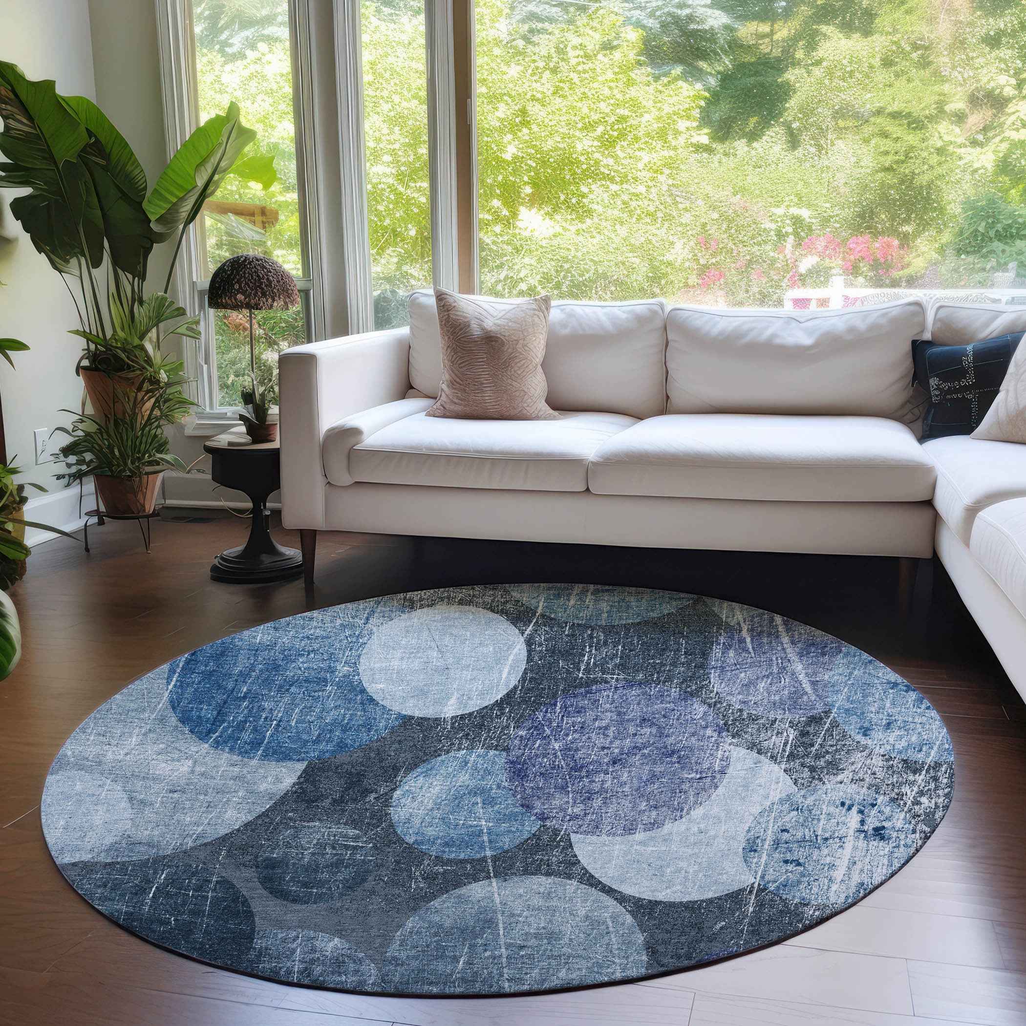 8' X 8' Gray and Blue Round Abstract Washable Non Skid Indoor Outdoor Area Rug