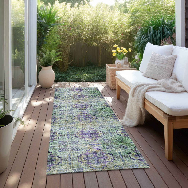 2' X 8' Purple and Green Floral Medallion Washable Non Skid Indoor Outdoor Runner Rug