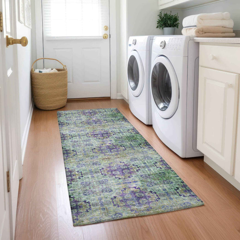 2' X 8' Purple and Green Floral Medallion Washable Non Skid Indoor Outdoor Runner Rug