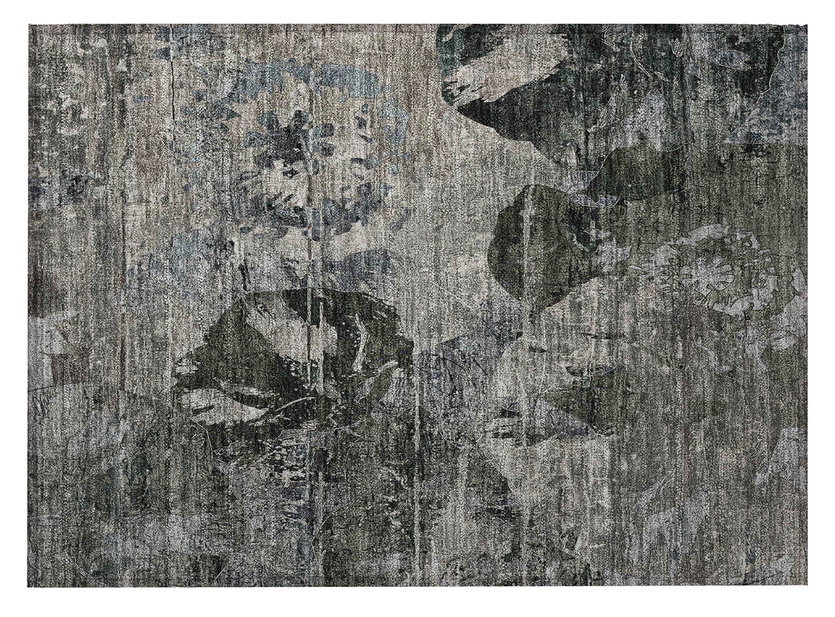 2' X 3' Gray Dark Green and Black Floral Washable Non Skid Indoor Outdoor Area Rug