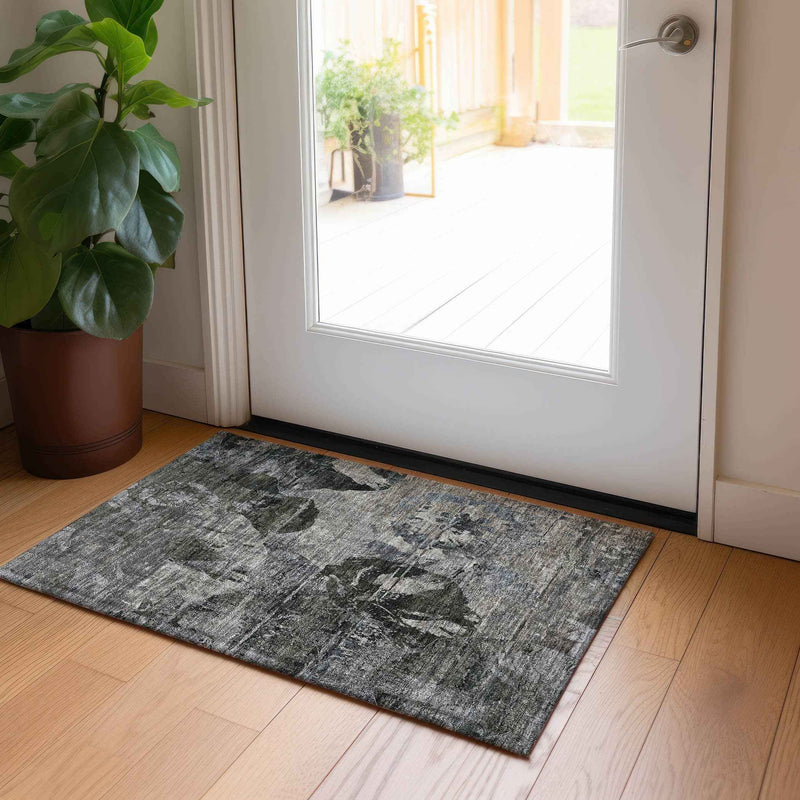 2' X 3' Gray Dark Green and Black Floral Washable Non Skid Indoor Outdoor Area Rug