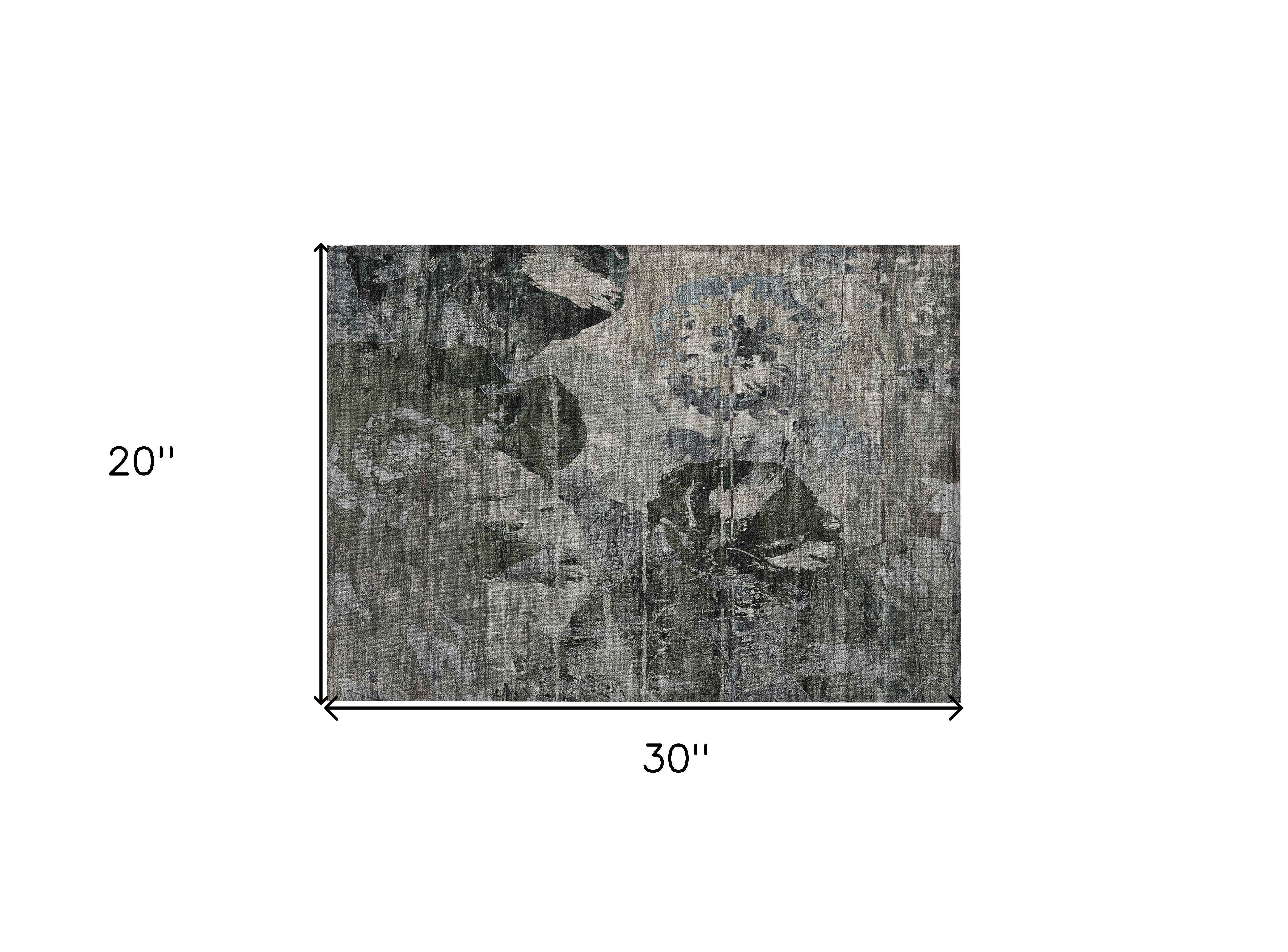 2' X 3' Gray Dark Green and Black Floral Washable Non Skid Indoor Outdoor Area Rug