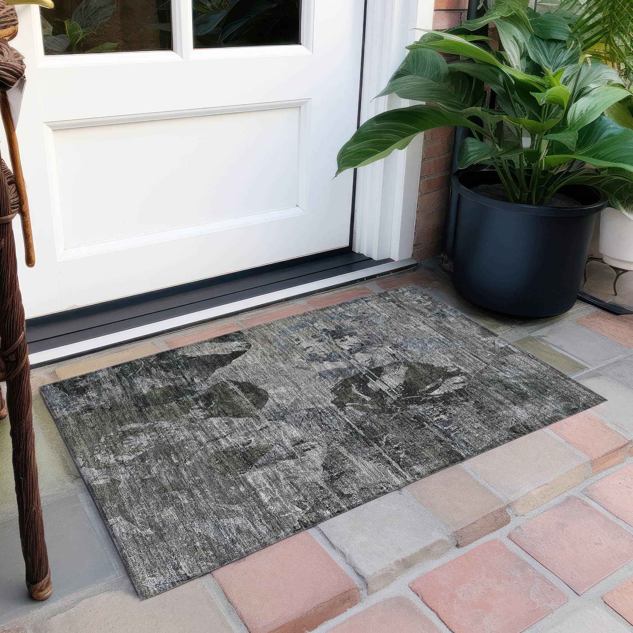2' X 3' Gray Dark Green and Black Floral Washable Non Skid Indoor Outdoor Area Rug