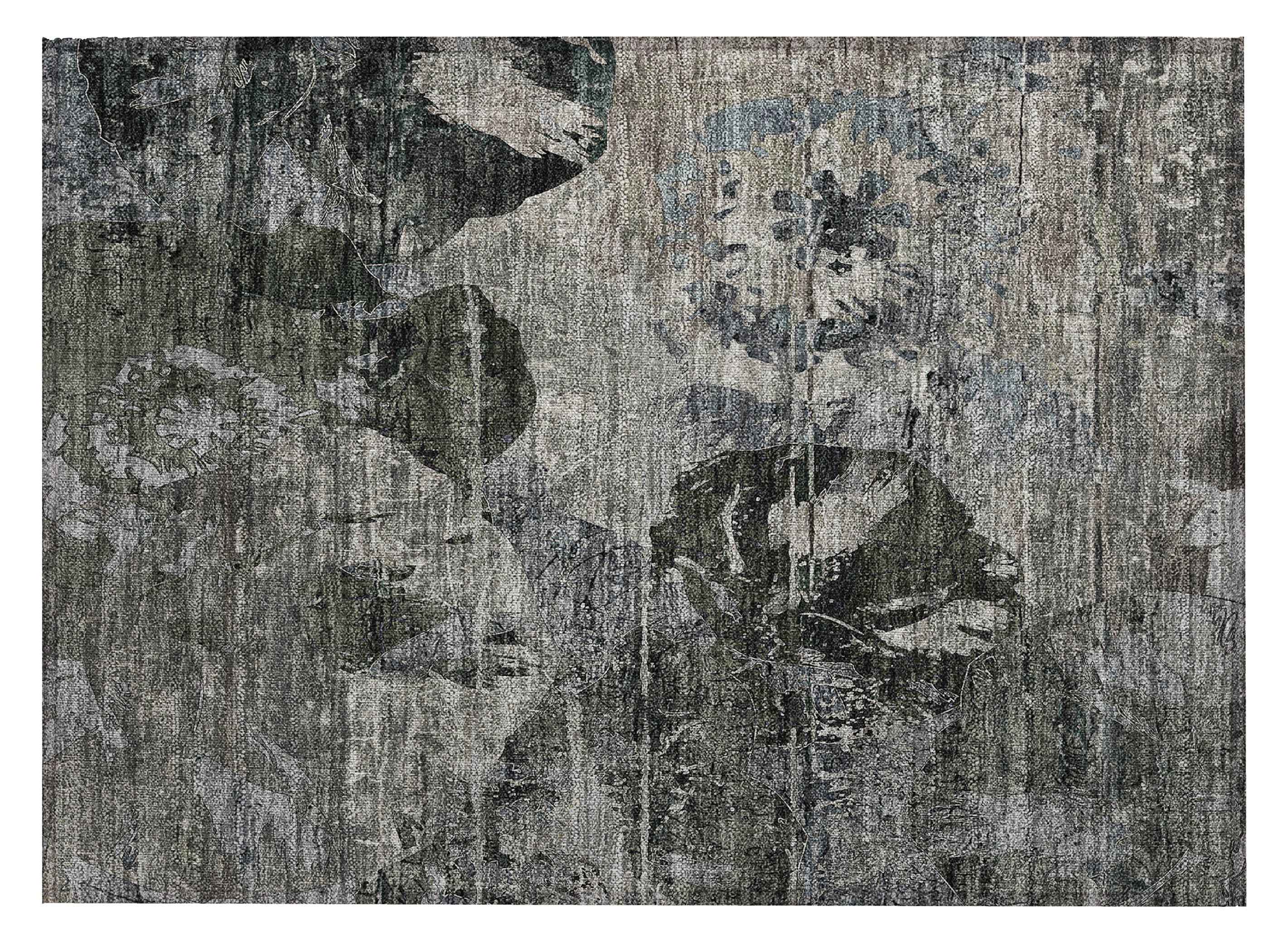 2' X 3' Gray Dark Green and Black Floral Washable Non Skid Indoor Outdoor Area Rug