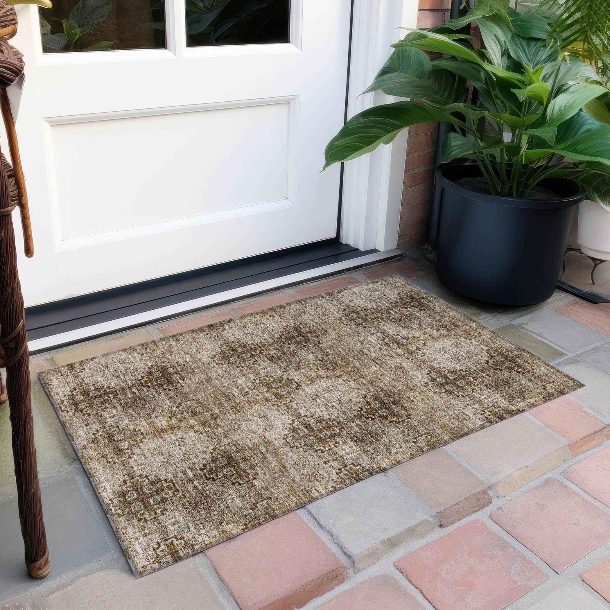 2' X 3' Taupe Floral Medallion Washable Non Skid Indoor Outdoor Area Rug