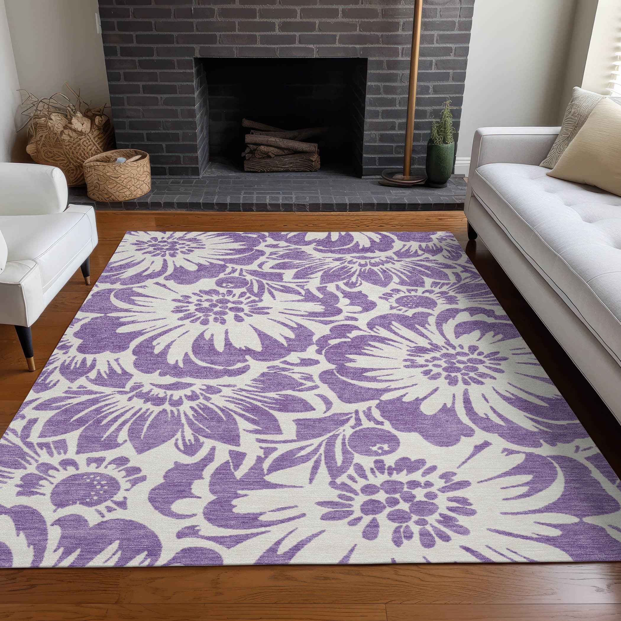 10' X 14' Purple and Ivory Floral Washable Non Skid Indoor Outdoor Area Rug