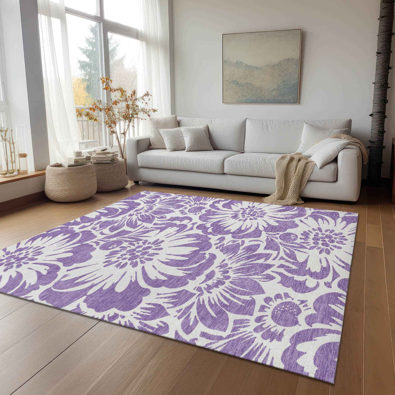 10' X 14' Purple and Ivory Floral Washable Non Skid Indoor Outdoor Area Rug