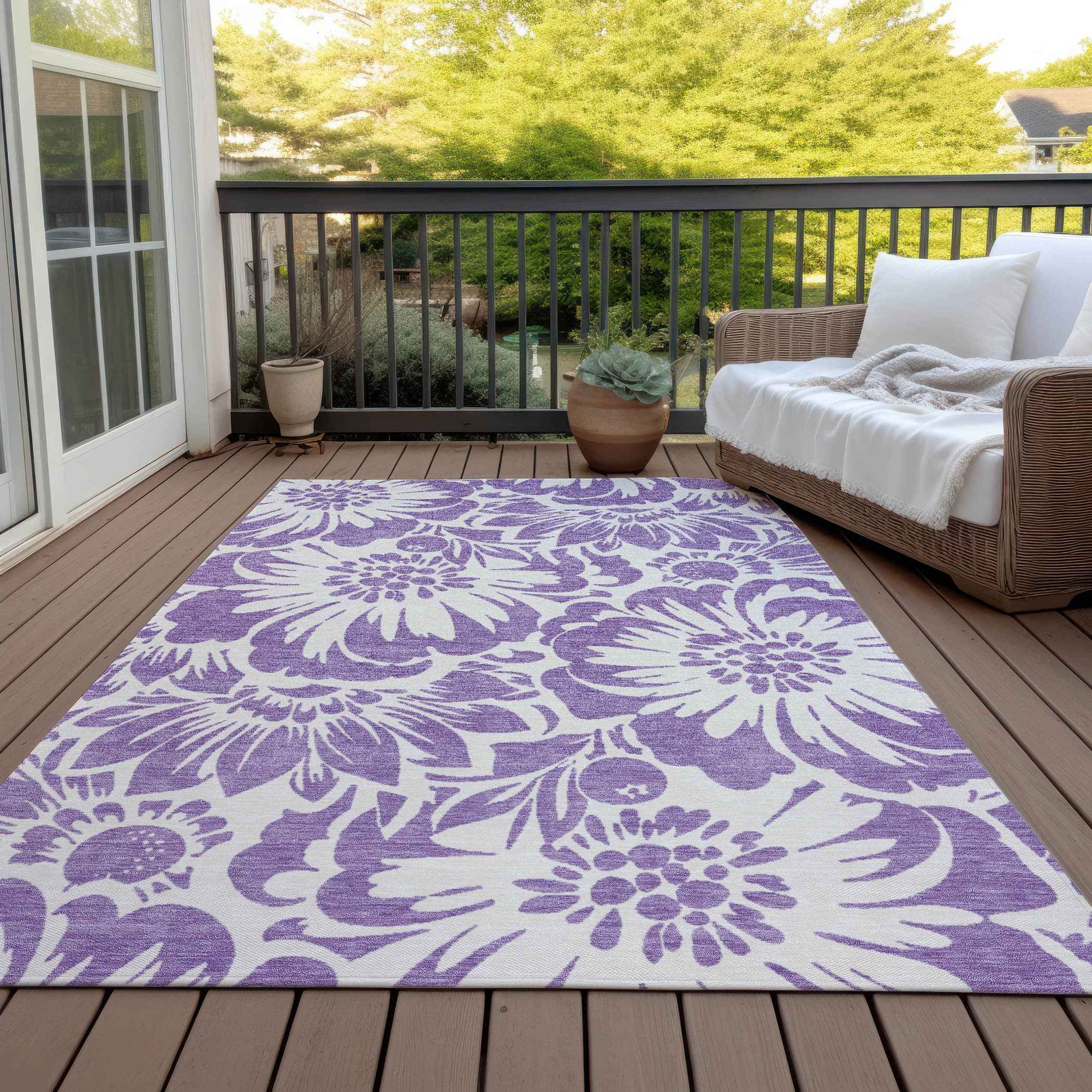 10' X 14' Purple and Ivory Floral Washable Non Skid Indoor Outdoor Area Rug