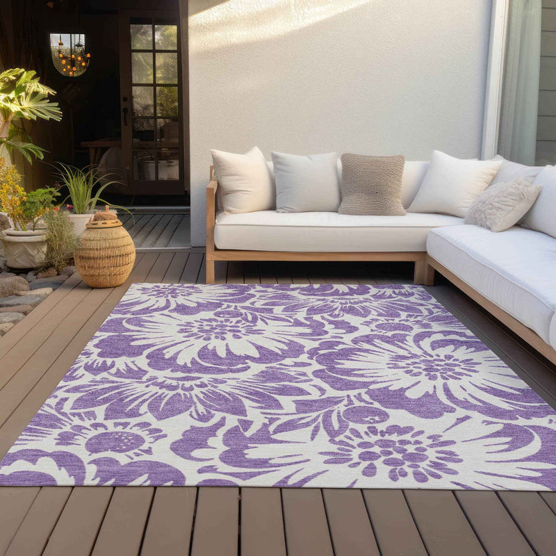 10' X 14' Purple and Ivory Floral Washable Non Skid Indoor Outdoor Area Rug