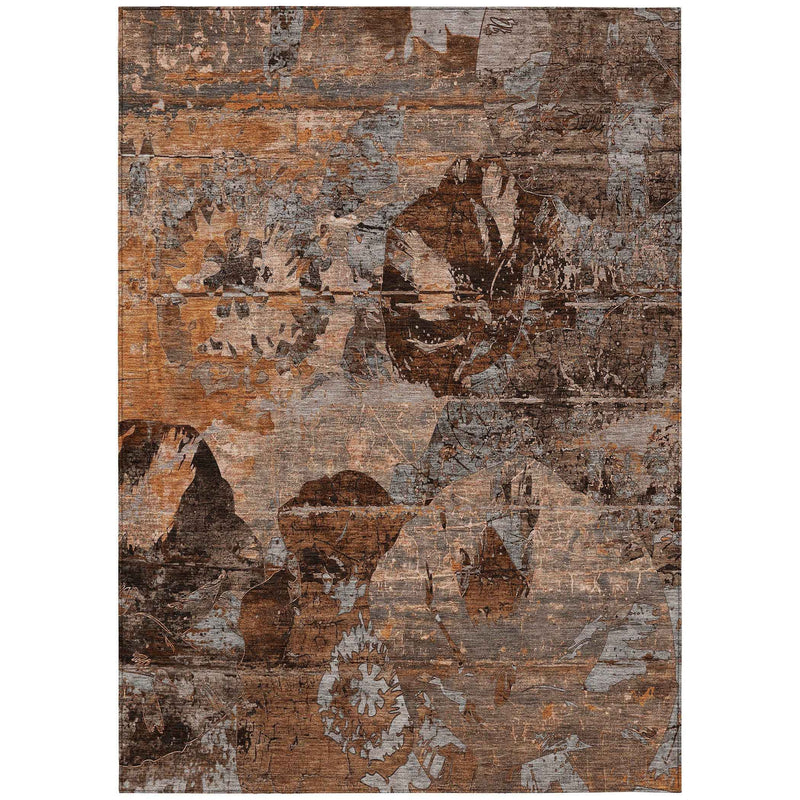 9' X 12' Brown And Gray Floral Washable Indoor Outdoor Area Rug