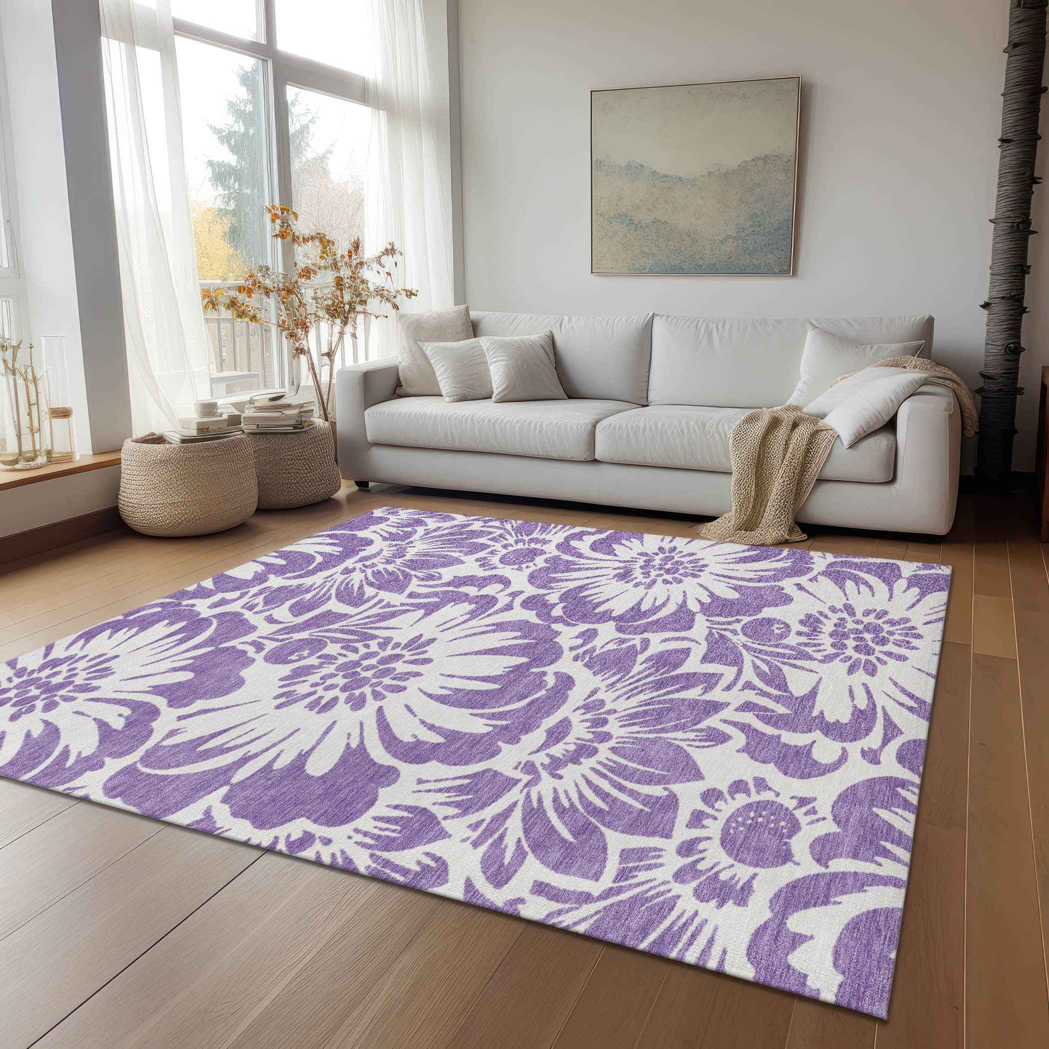 8' X 10' Purple and Ivory Floral Washable Non Skid Indoor Outdoor Area Rug