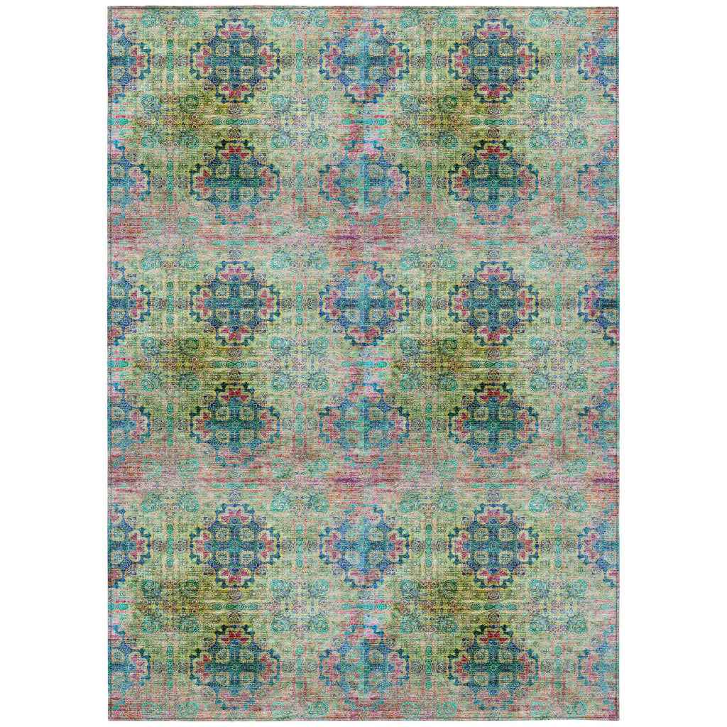 5' X 8' Blue and Green Floral Medallion Washable Non Skid Indoor Outdoor Area Rug