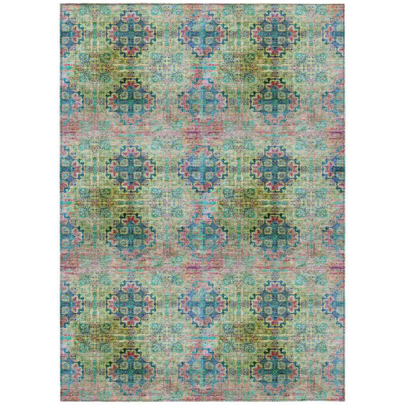 5' X 8' Blue and Green Floral Medallion Washable Non Skid Indoor Outdoor Area Rug