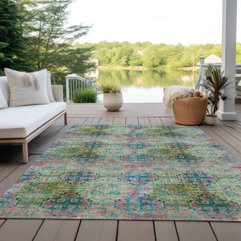 5' X 8' Blue and Green Floral Medallion Washable Non Skid Indoor Outdoor Area Rug