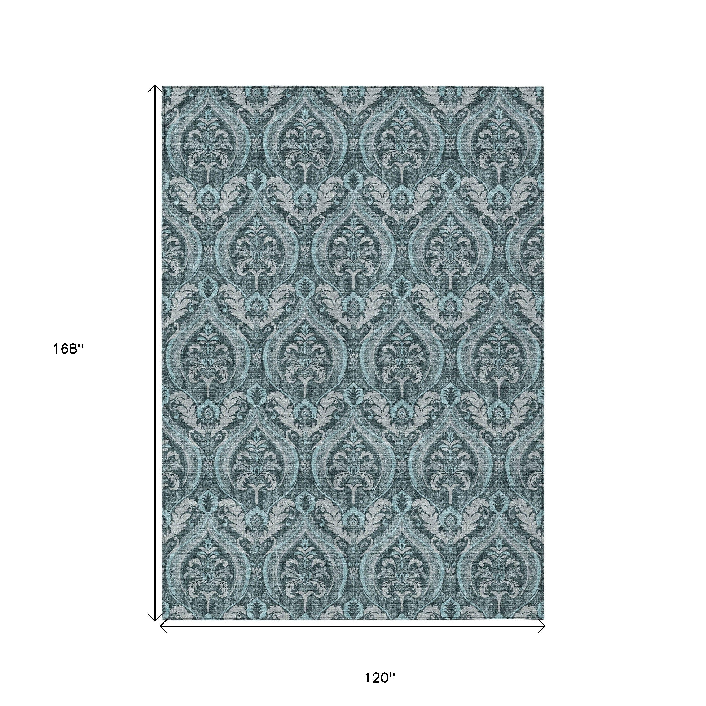 10' X 14' Teal Damask Washable Non Skid Indoor Outdoor Area Rug - GreatEagleInc