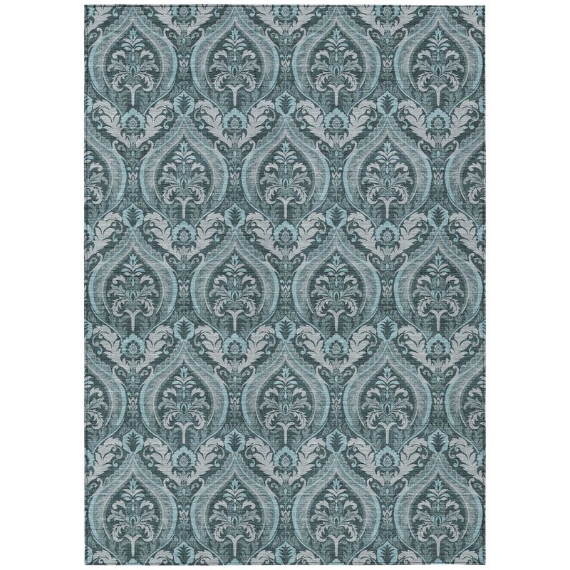 8' X 10' Teal Damask Washable Non Skid Indoor Outdoor Area Rug - GreatEagleInc