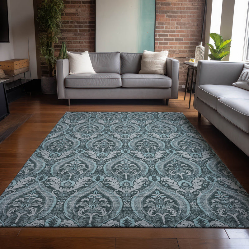 8' X 10' Teal Damask Washable Non Skid Indoor Outdoor Area Rug - GreatEagleInc