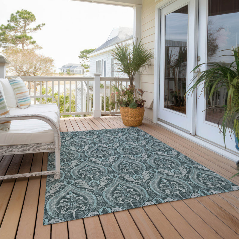 3' X 5' Teal Damask Washable Non Skid Indoor Outdoor Area Rug - GreatEagleInc