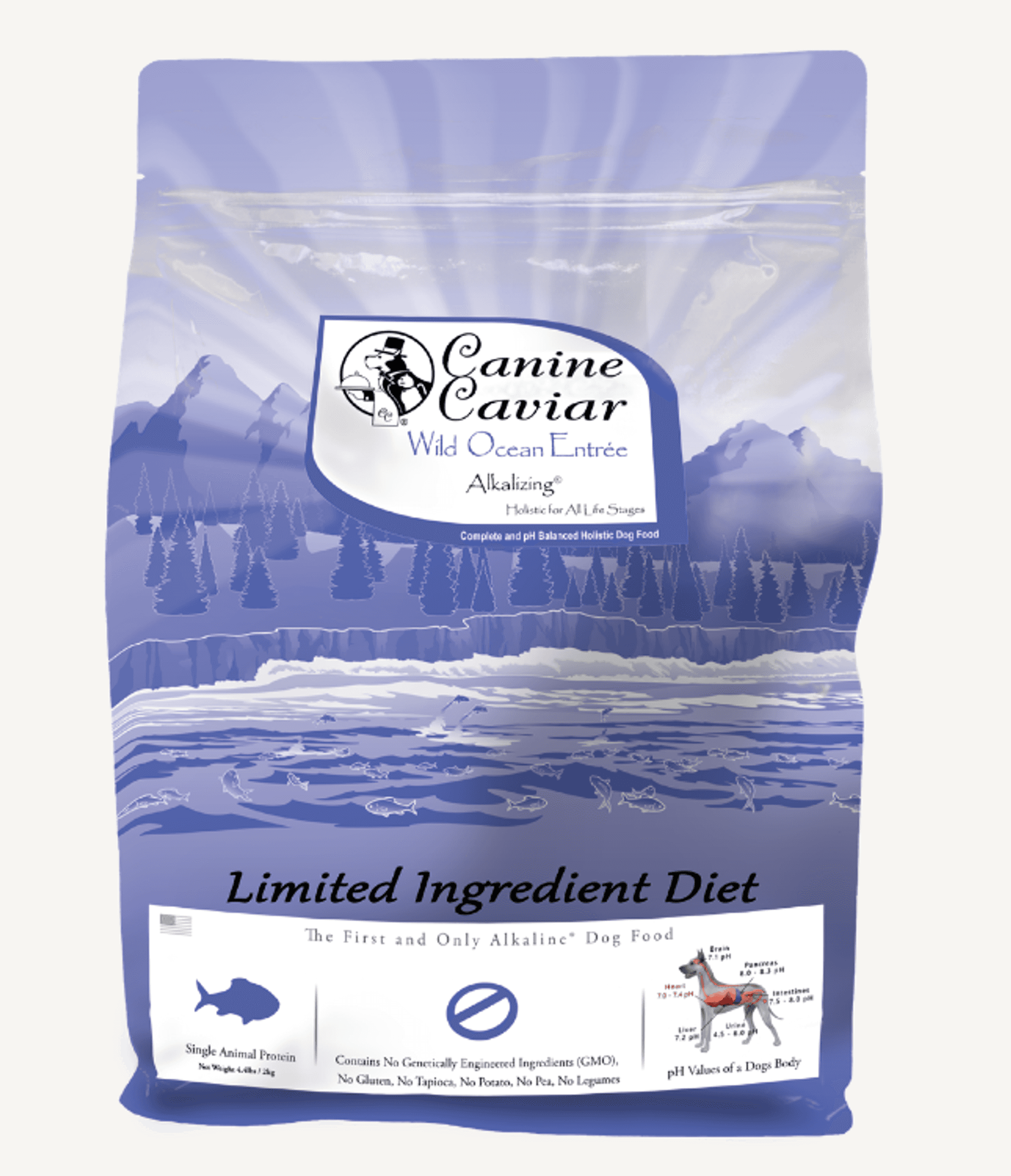 Canine Caviar Wild Ocean Limited Ingredient dog food bag with blue mountain artwork