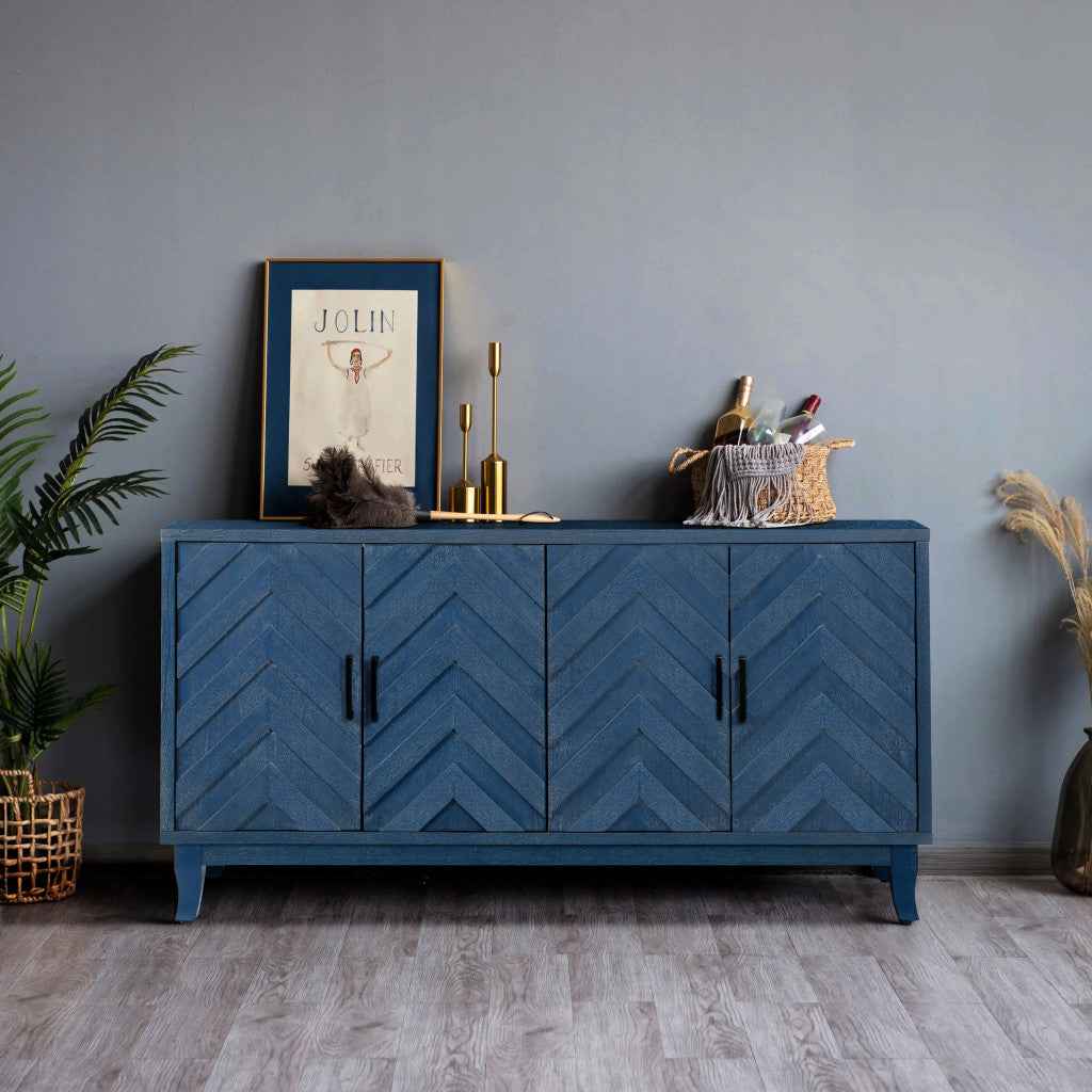 60" Blue Textural Chevron Distressed Wood Sideboard with Four Doors Default Title