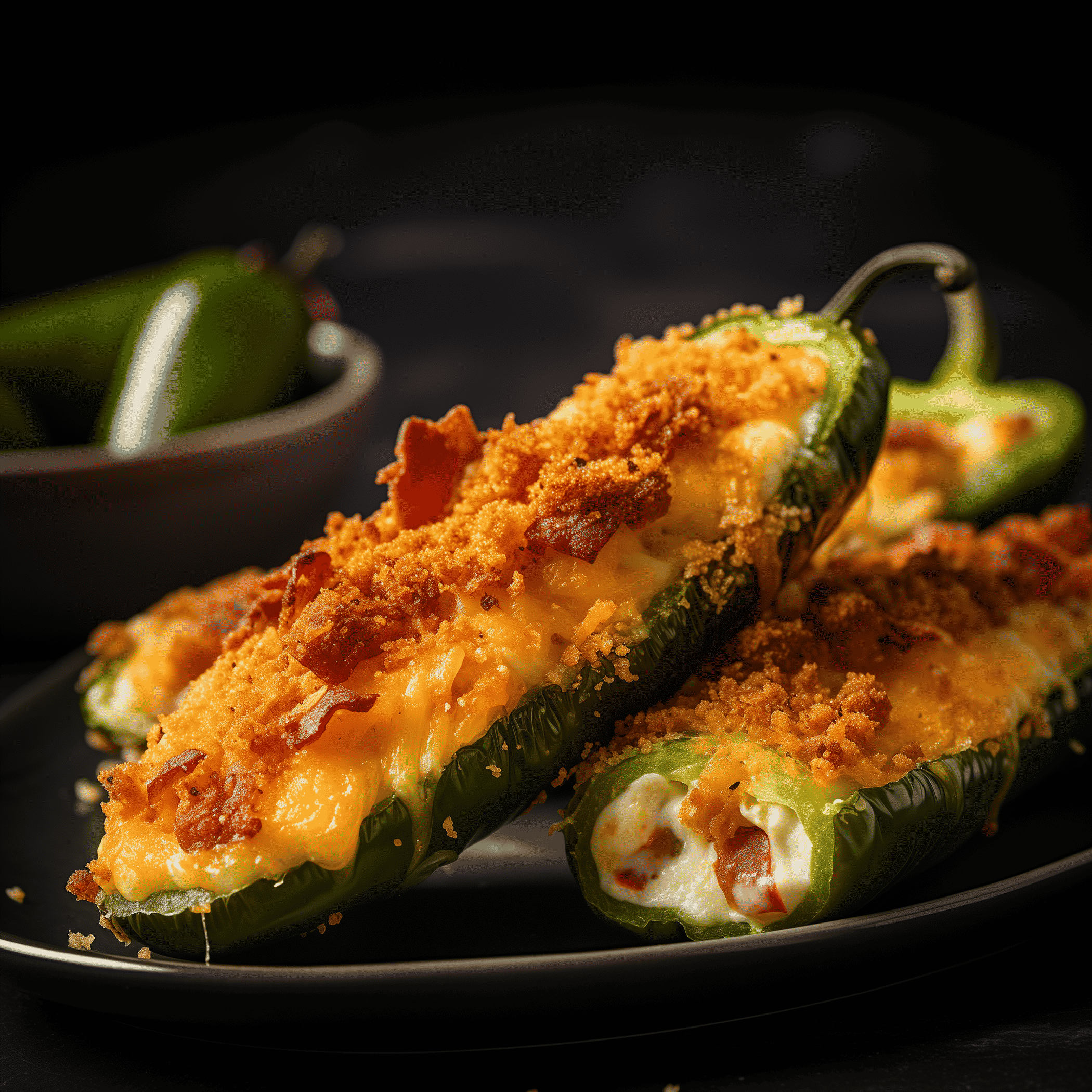 Jalapeño poppers with melted cheese and crispy breadcrumbs on a black plate