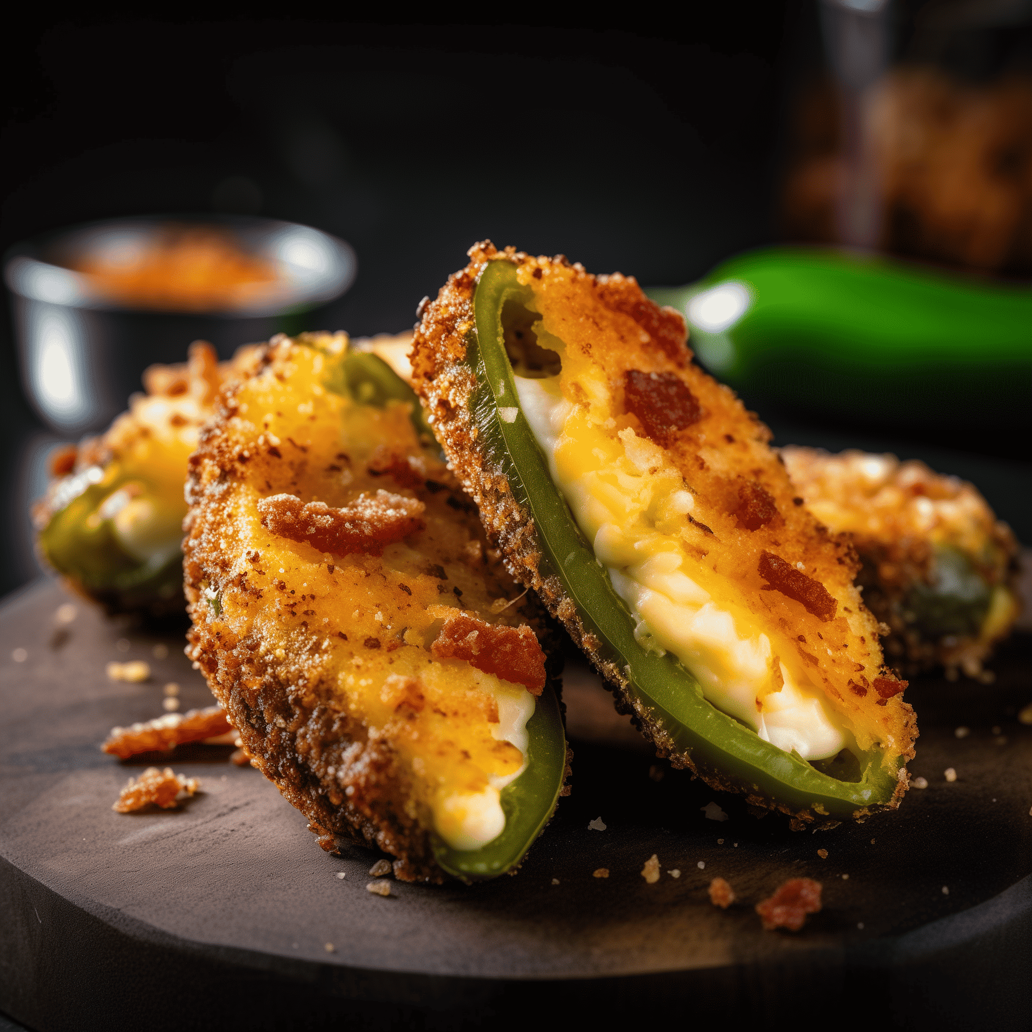 Jalapeño poppers stuffed with cheese and breaded on a black plate