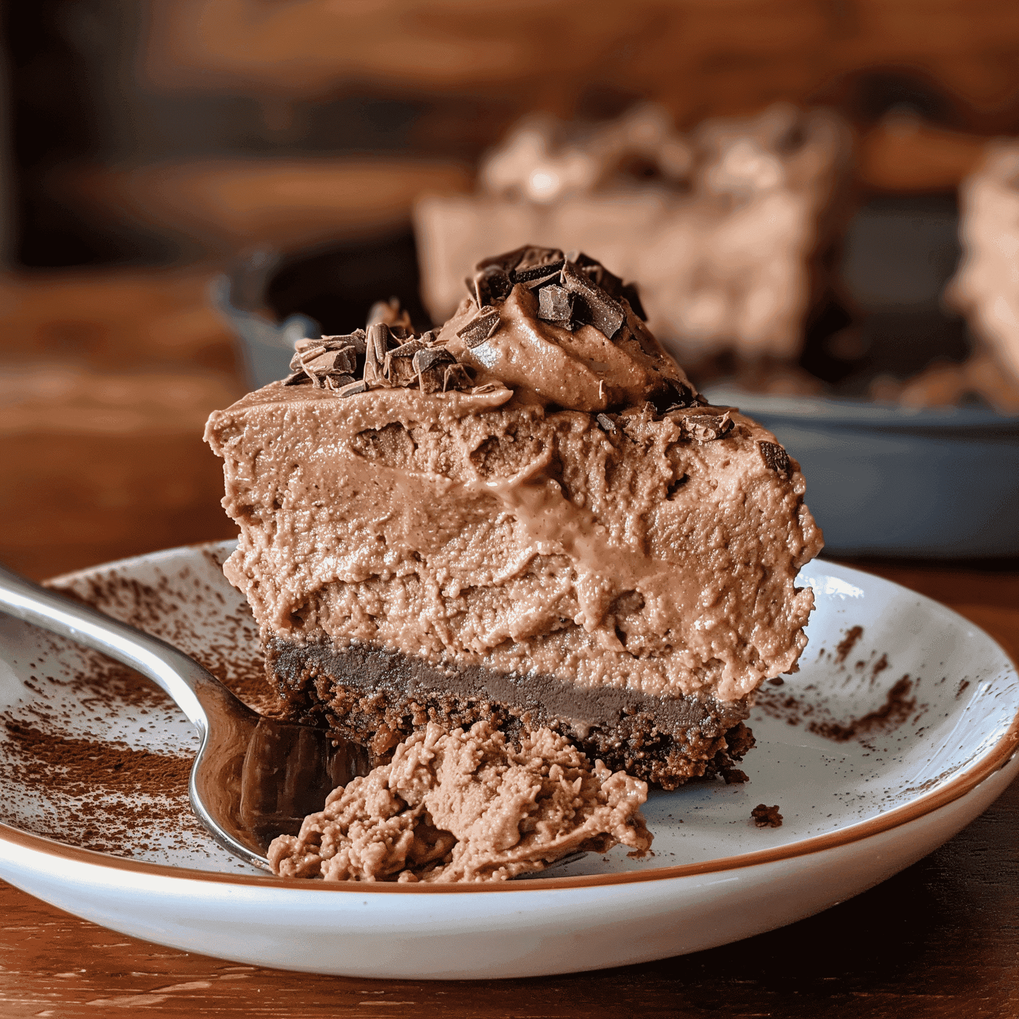 Chocolate cheesecake slice with mousse topping on a white plate