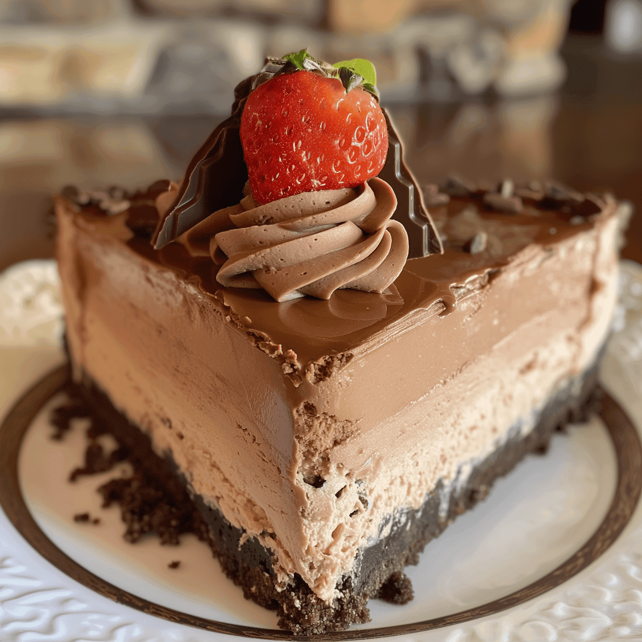Chocolate cheesecake slice with chocolate curls and a fresh strawberry on top