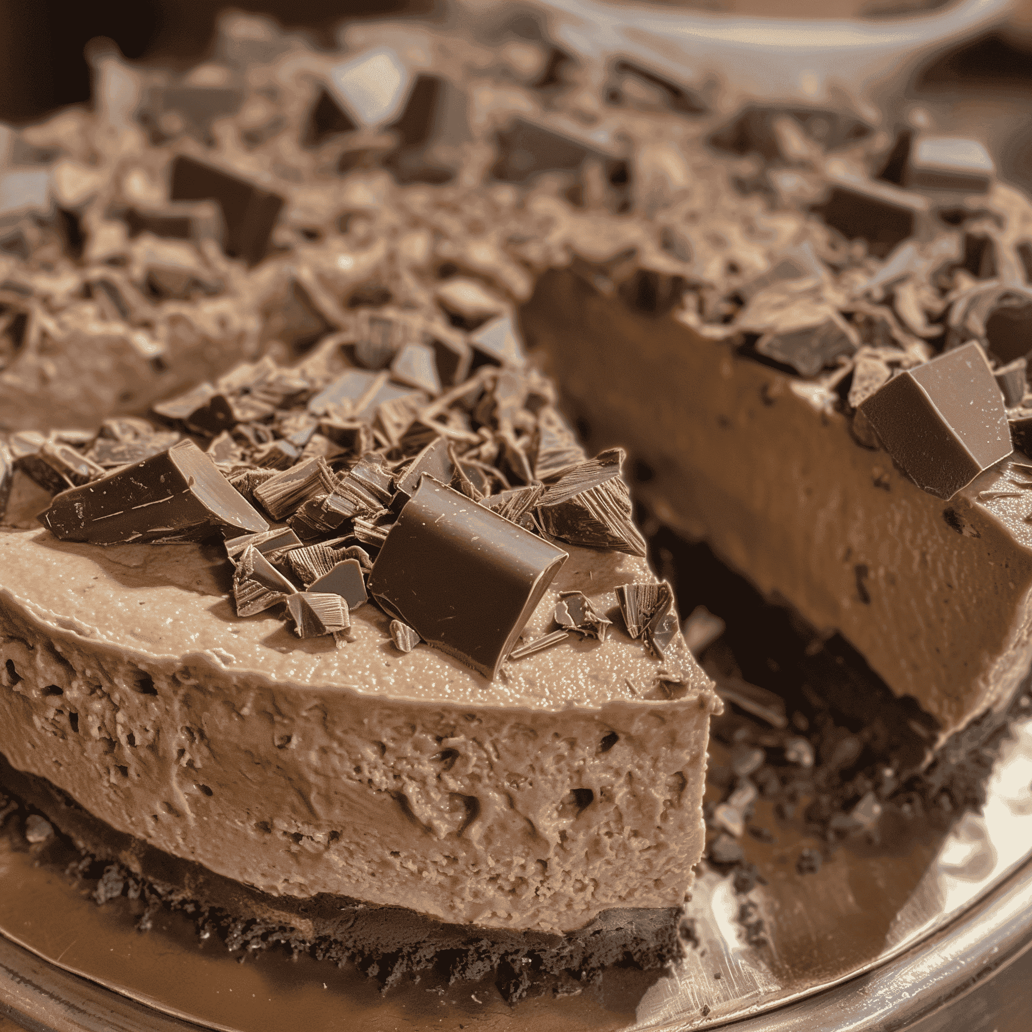 Close-up of chocolate cheesecake with smooth mousse layer and chocolate shavings